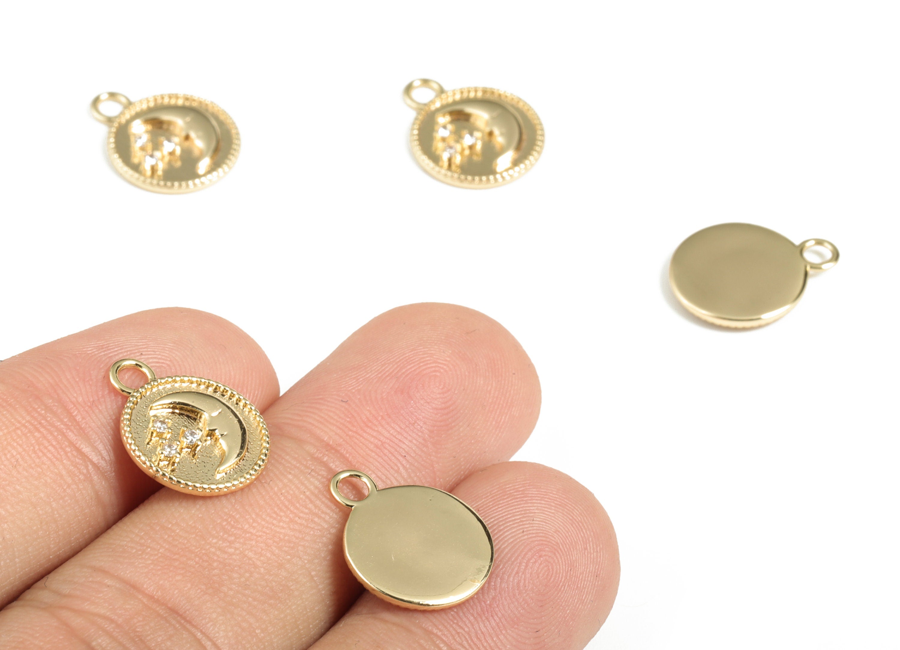 Brass Round Moon Earring Charms With Zircons - Gold Circle Moon Pendant - 18K Real Gold Plated Brass - 15.23x12.01x1.97mm - RGP2847 - DOMEDBAZAAR