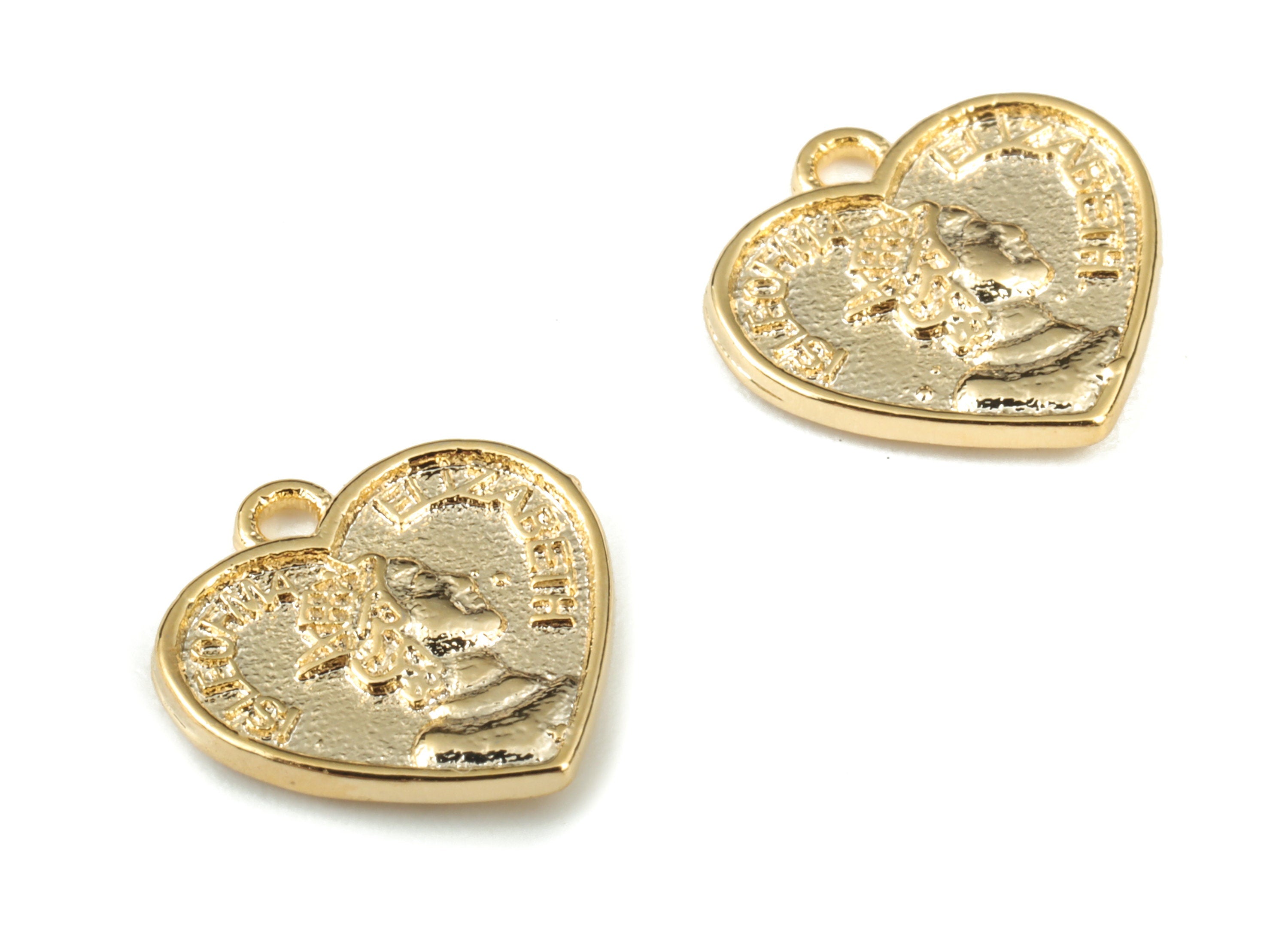 Queen Elizabeth Heart Coin Pendant - Necklace Pendant - Bracelet Charm - Polished Gold-Plated - 11.26 × 10.77 × 1.38mm - RGP2874 - DOMEDBAZAAR
