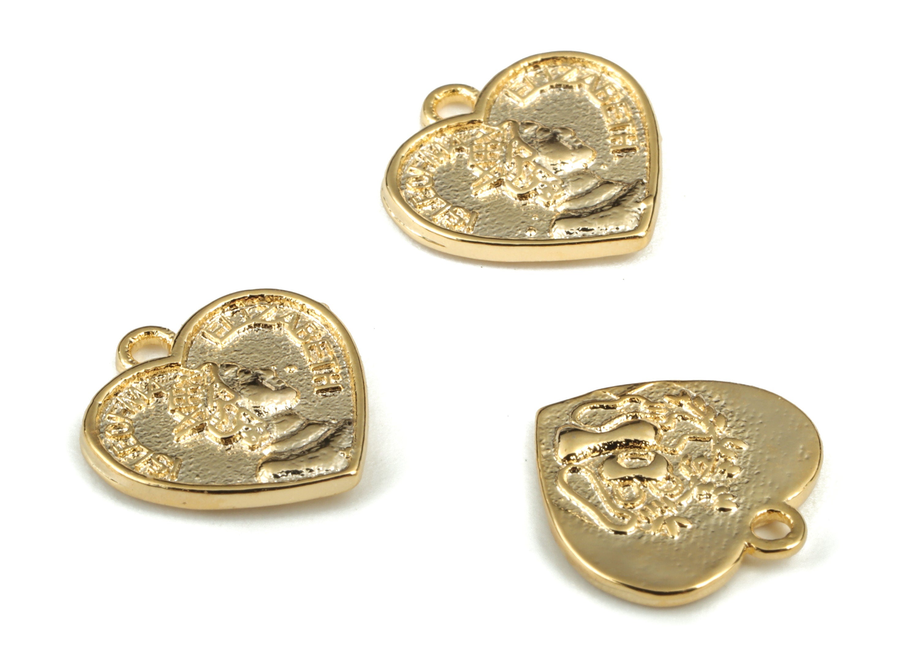 Queen Elizabeth Heart Coin Pendant - Necklace Pendant - Bracelet Charm - Polished Gold-Plated - 11.26 × 10.77 × 1.38mm - RGP2874 - DOMEDBAZAAR