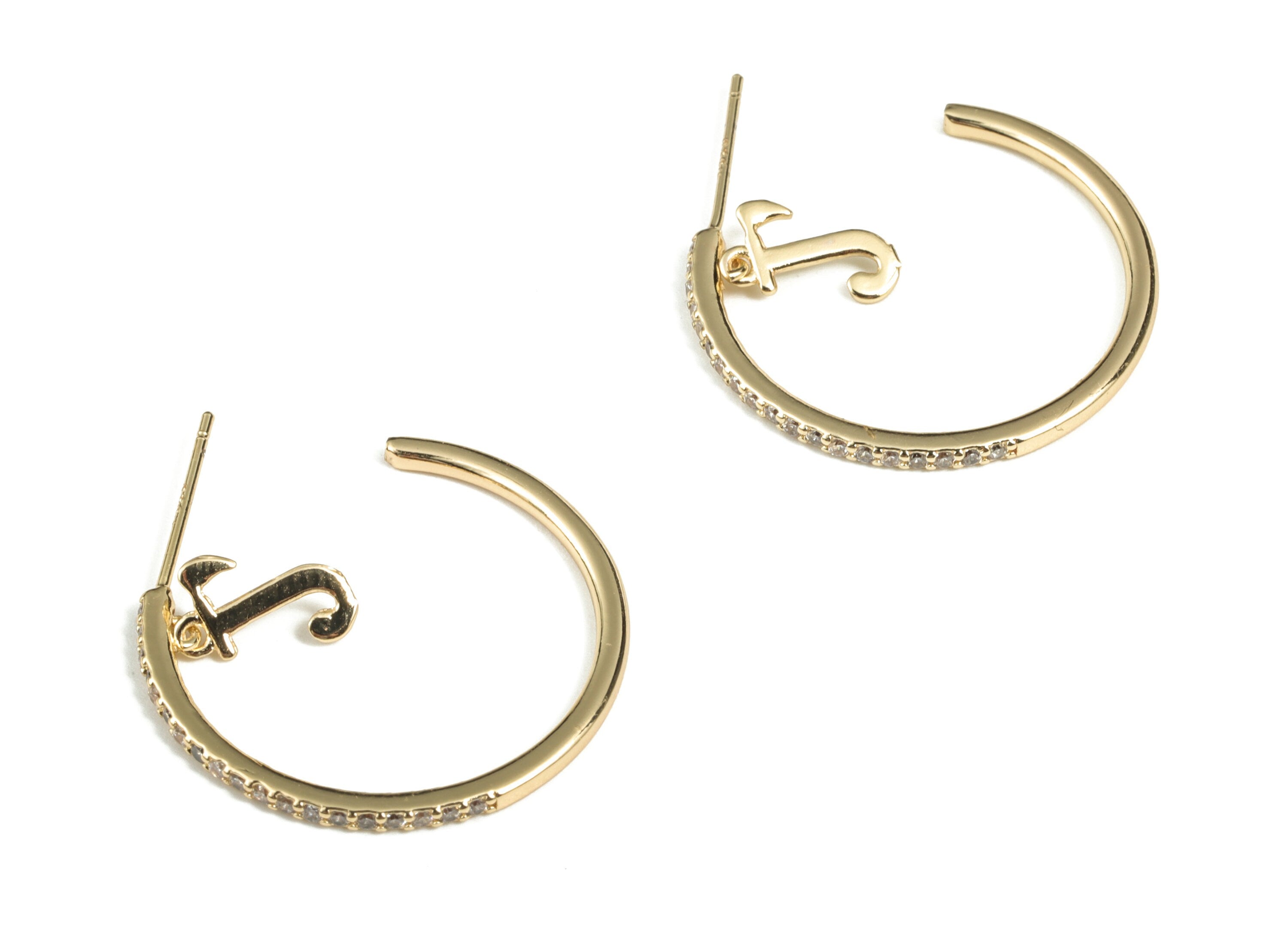 Brass C Earring Post With Zircons - Gold C Earring Stud - 18K Real Gold Plating - 316 Surgical Stainless Steel - 25.36x20.91x1.6mm - RGP2863 - DOMEDBAZAAR