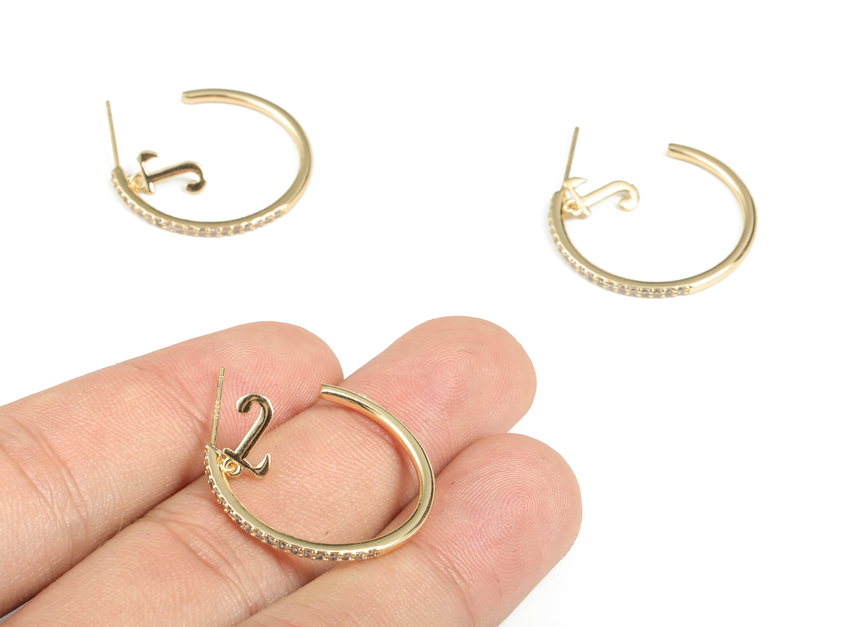 Brass C Earring Post With Zircons - Gold C Earring Stud - 18K Real Gold Plating - 316 Surgical Stainless Steel - 25.36x20.91x1.6mm - RGP2863 - DOMEDBAZAAR