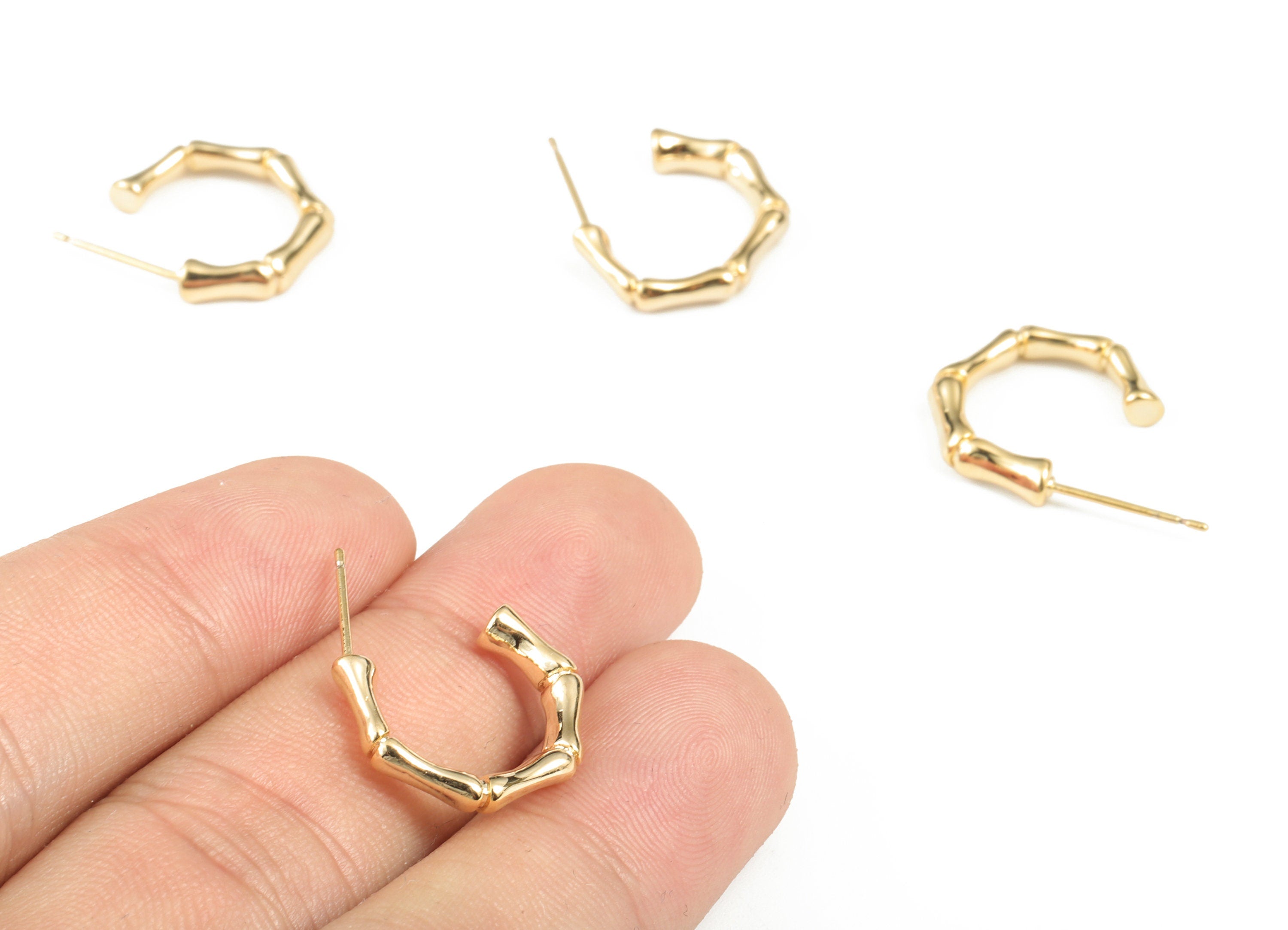 Brass C Bamboo Earring Post - Gold C Bamboo Earring Stud - 18K Real Gold Plating - 316 Surgical Stainless Steel - 18.16x14.5x3.3mm - RGP2864 - DOMEDBAZAAR