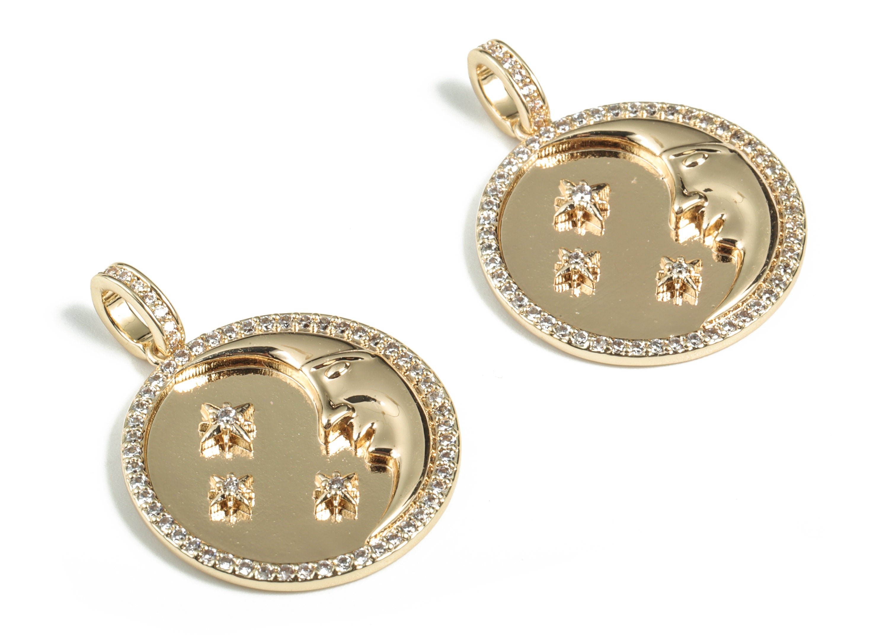 Brass Round Moon Star Earring Charms With Zircons - Gold Circle Moon Star Pendant - 18K Real Gold Plated Brass - 30.88x22.93x2.9mm - RGP2841 - DOMEDBAZAAR
