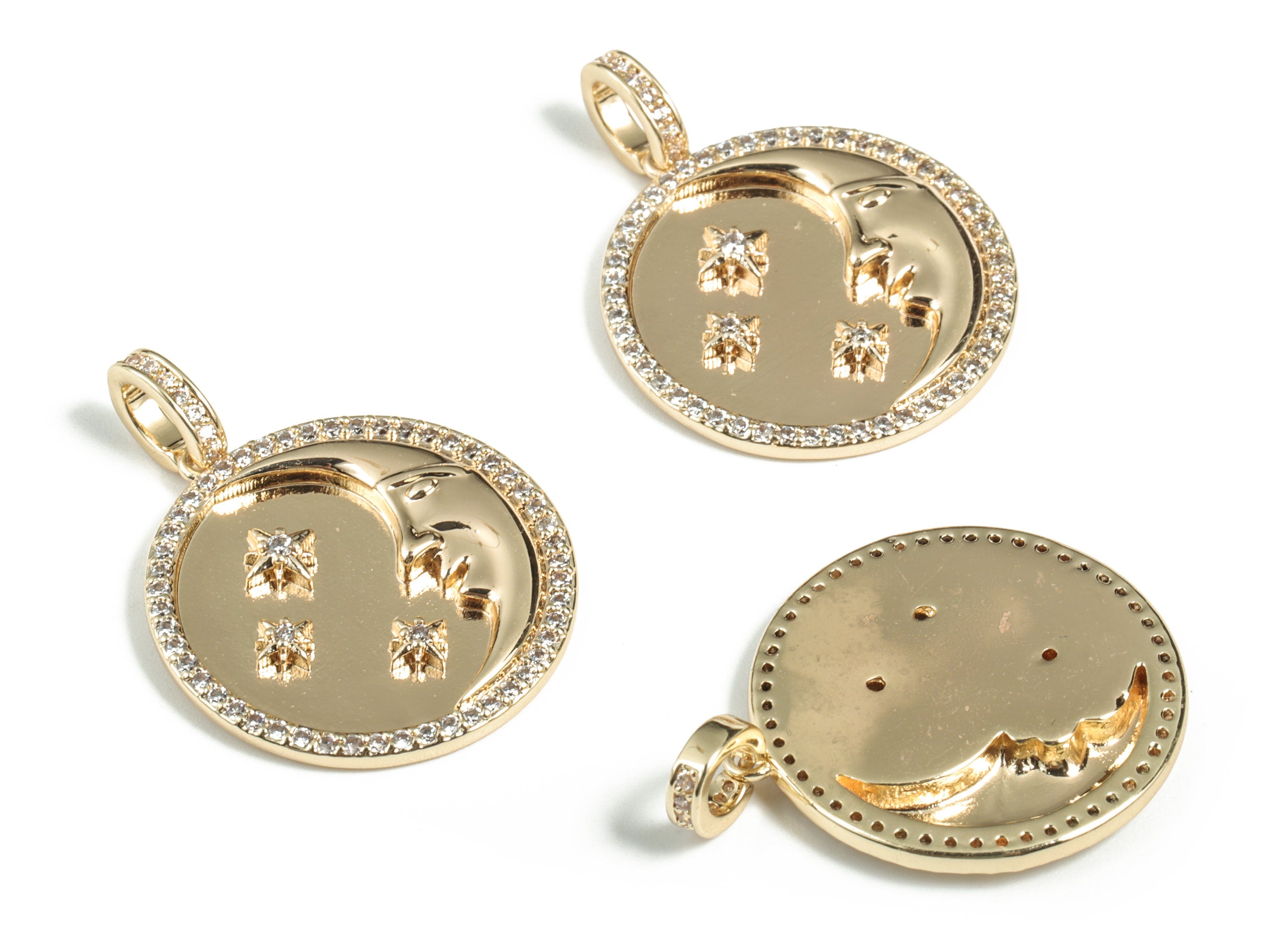 Brass Round Moon Star Earring Charms With Zircons - Gold Circle Moon Star Pendant - 18K Real Gold Plated Brass - 30.88x22.93x2.9mm - RGP2841 - DOMEDBAZAAR
