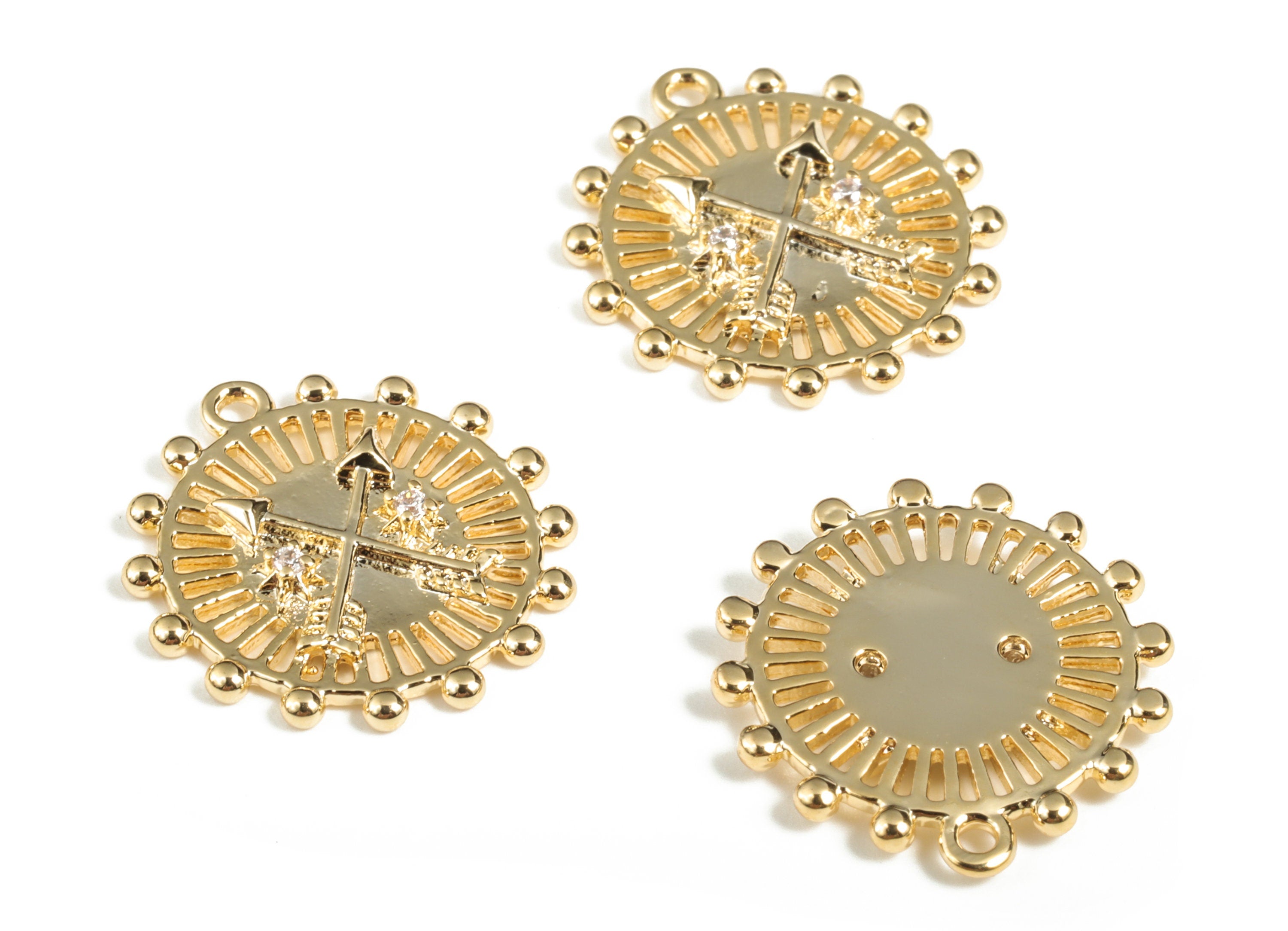 Brass Round Arrow Earring Charms With Zircons - Gold Circle Arrow Pendant - 18K Real Gold Plating - 17.66x16.69x2.05mm - RGP2887 - DOMEDBAZAAR