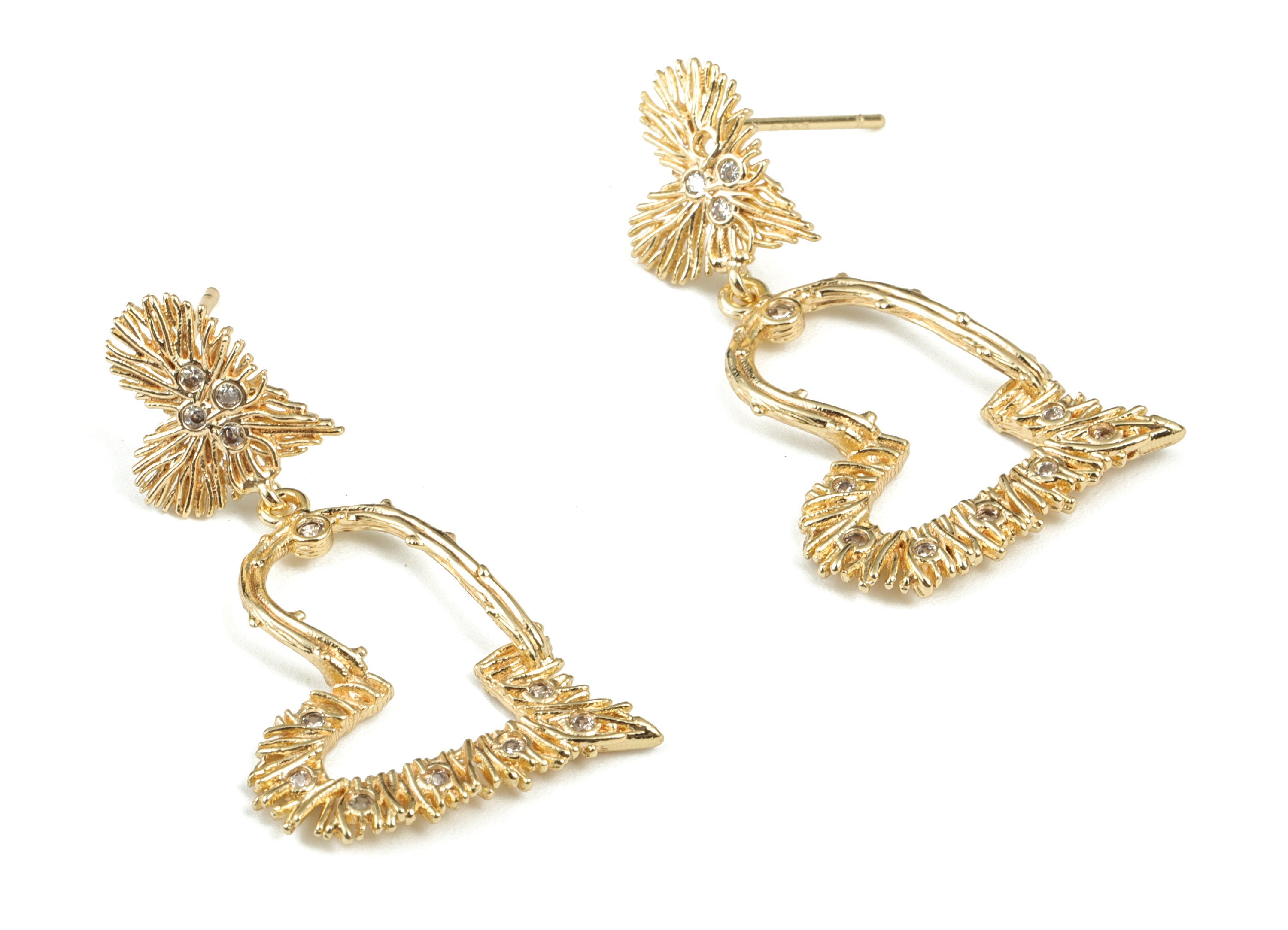 Brass Double Heart Earring Post With Zircons - Gold Double Heart Earring Stud - 316 Surgical Stainless Steel - 33.13x19.72x1.81mm - RGP2876 - DOMEDBAZAAR