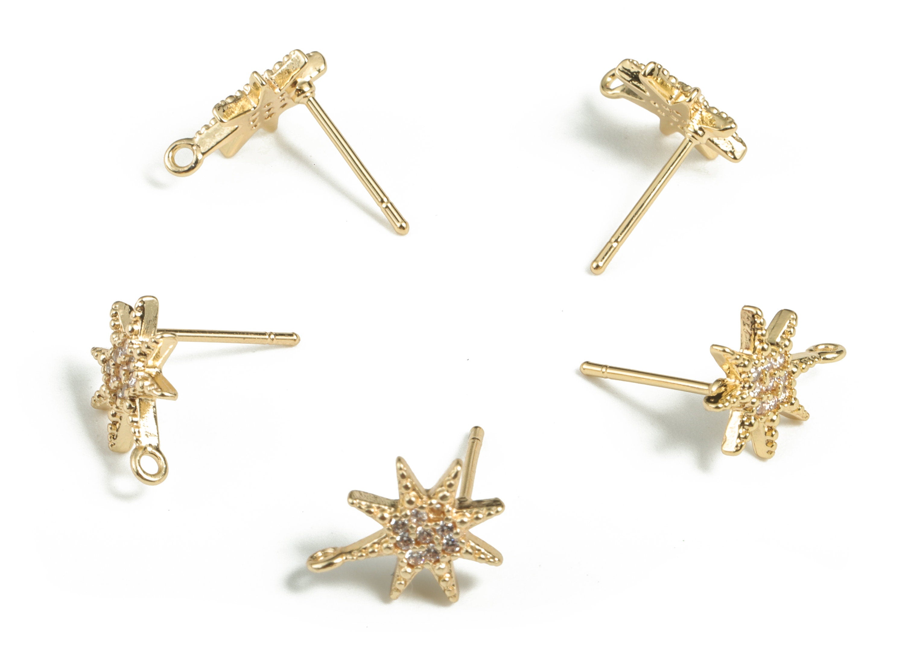 Brass Flower Earring Post With Zircons - Gold Flower Stud - 18K Real Gold Plating - 316 Surgical Stainless Steel - 11.83x9x1.9mm - RGP2880 - DOMEDBAZAAR