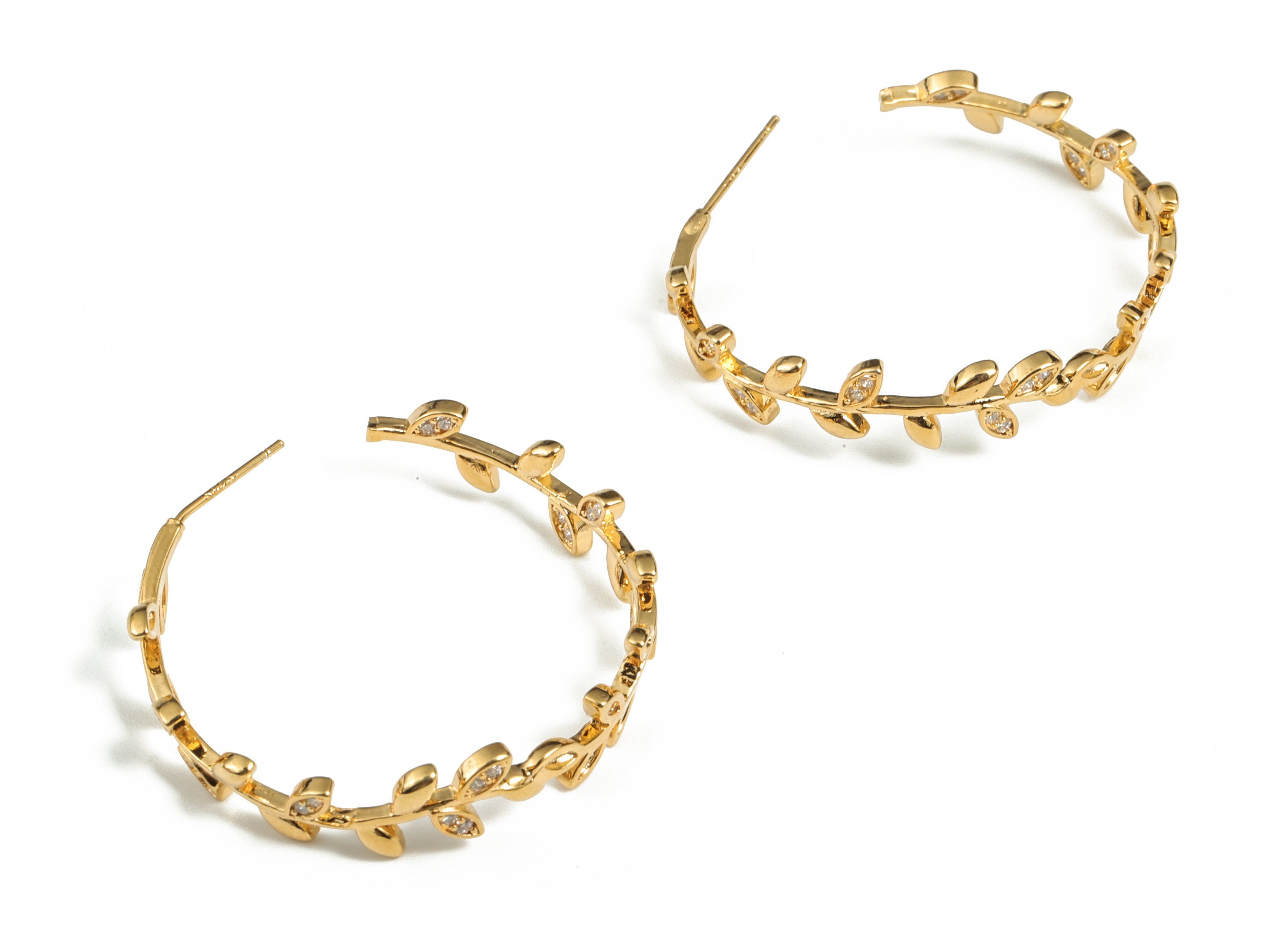 Brass C Leaves Earring Post With Zircons - Gold C Leaves Stud - 18K Real Gold Plating - 316 Surgical Stainless Steel - 37x34x2mm- RGP2858 - DOMEDBAZAAR
