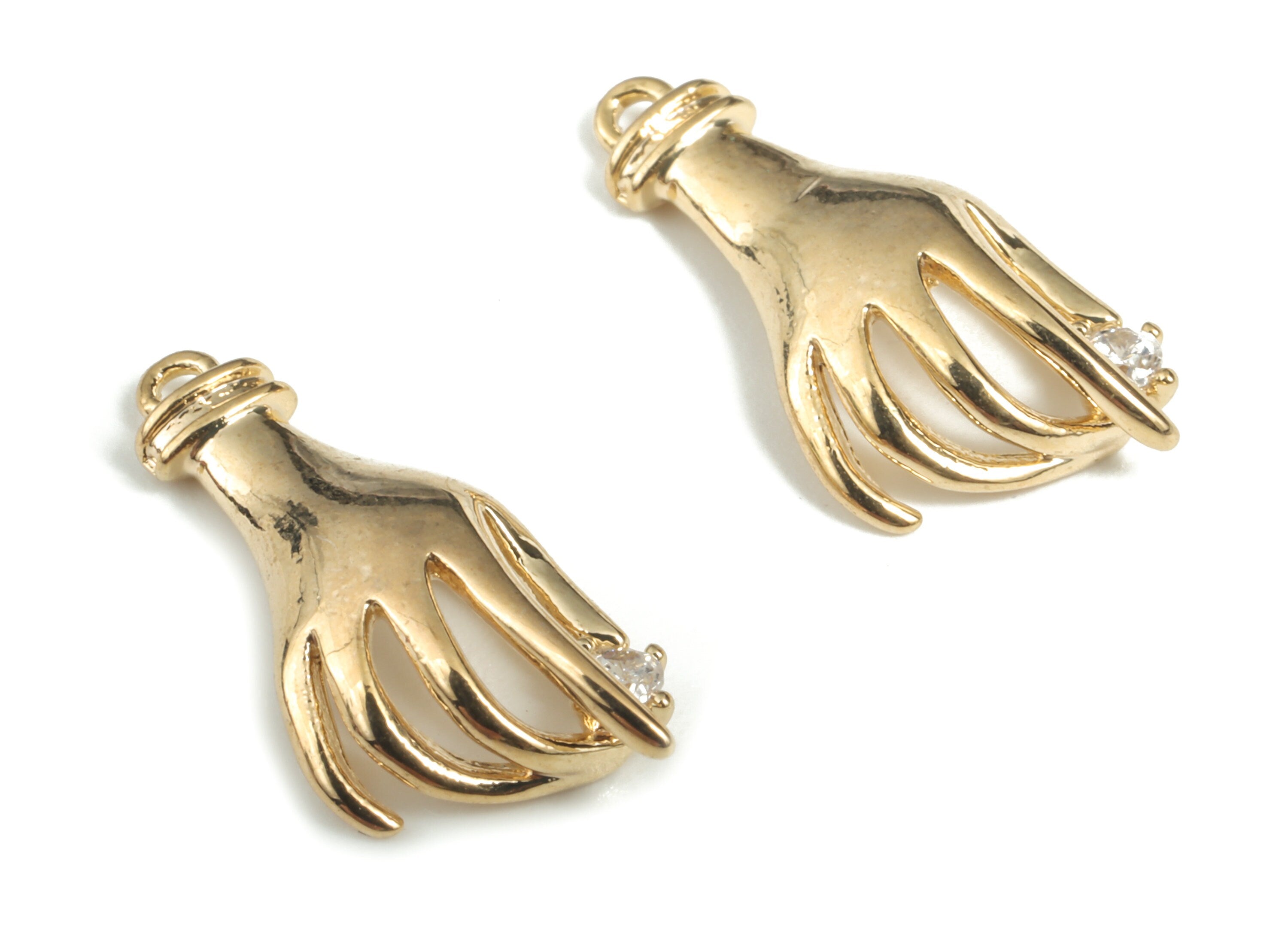 Brass Hand Earring Charms With Zircon - Gold Hand Pendant - 18K Real Gold Plated Brass - Jewelry Supplies - 19.62x8.62x3.05mm - RGP2848 - DOMEDBAZAAR