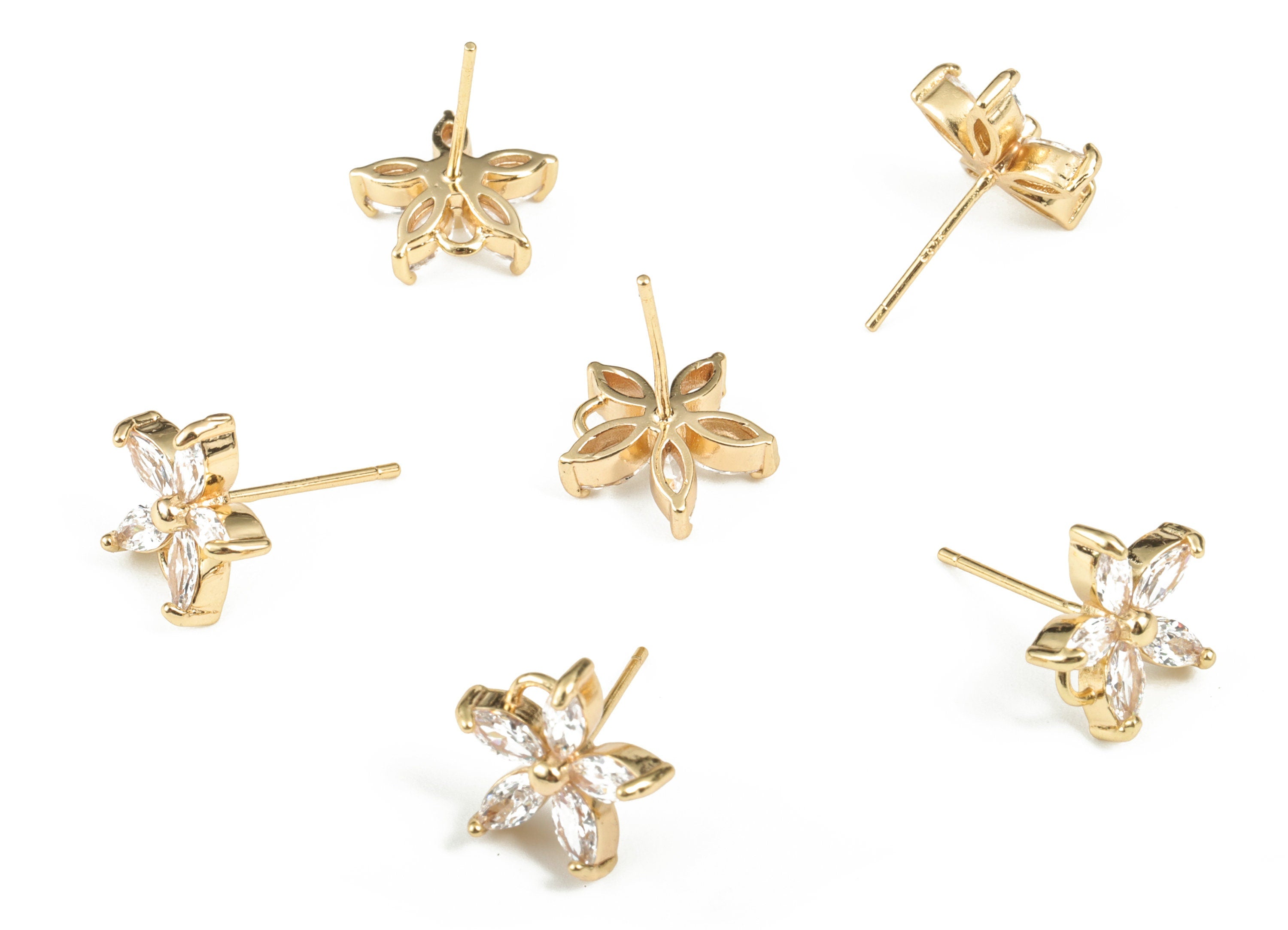 Brass Flower Earring Post With Zircons - Gold Flower Stud - 18K Real Gold Plating - 316 Surgical Stainless Steel - 12.14x11.69x4mm - RGP2879 - DOMEDBAZAAR