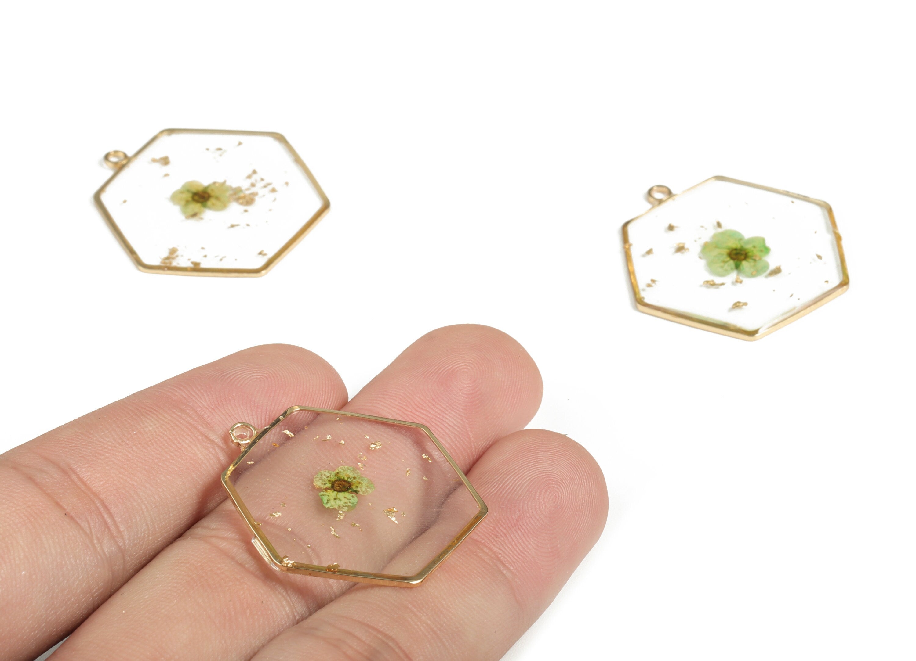 Brass Hexagon Earring Charms - Gold Foil Dried Real Flower Pendant - AB Glue Charms - Jewelry Supplies - 29.76x26.4x2.23mm- RC1178 - DOMEDBAZAAR