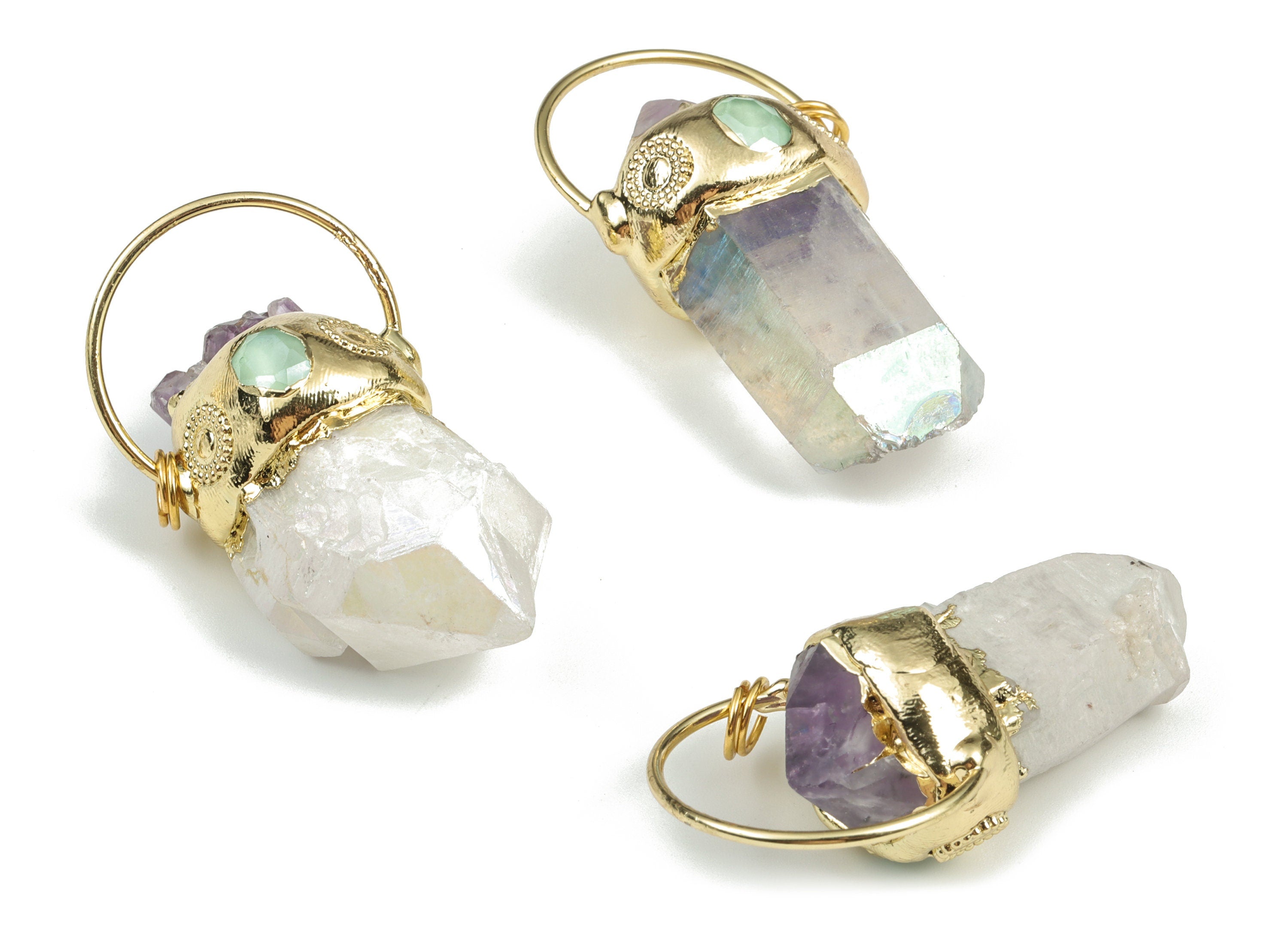 Aura Quartz Stone Earring Charms – Natural Gemstone Pendant - Jewelry Making Supplies – 64.04x32.88x22.02mm – NS1288 - DOMEDBAZAAR