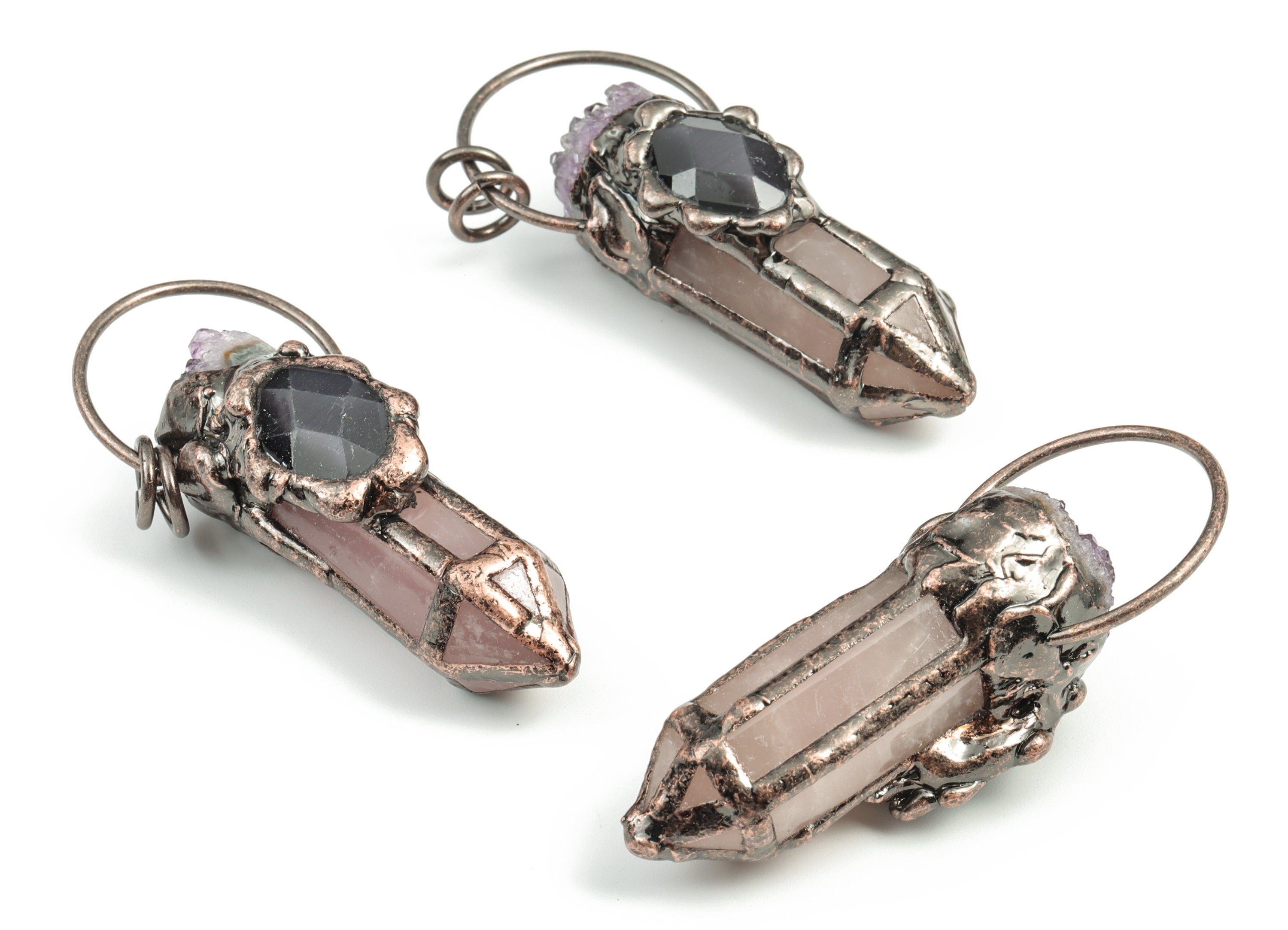 Amethyst Point Pendant – Black Cat Eye Stone and Powder Crystal Charm – Average Size - Jewelry Making –64.58x28.97x21.21mm- NS1291 - DOMEDBAZAAR