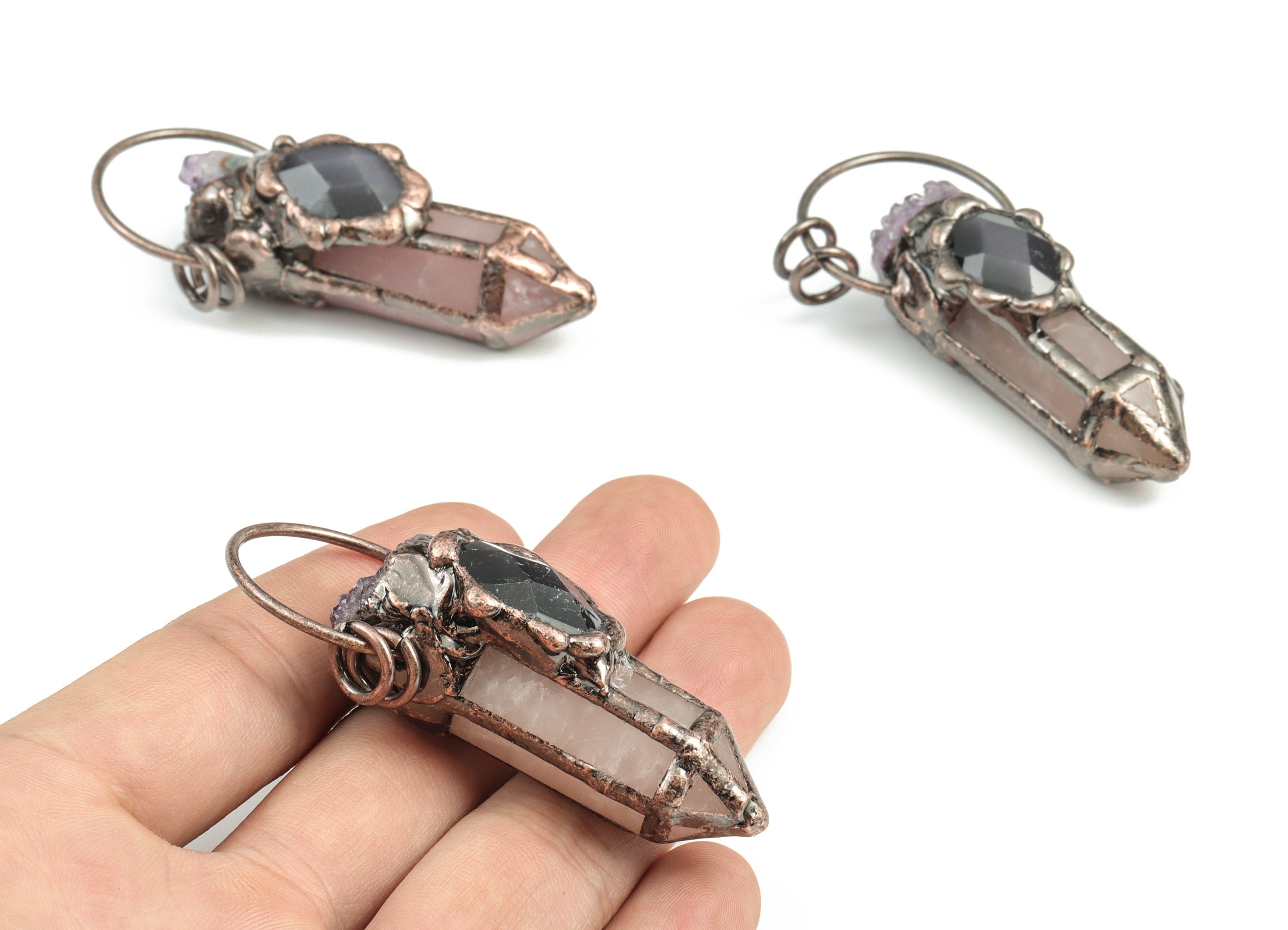 Amethyst Point Pendant – Black Cat Eye Stone and Powder Crystal Charm – Average Size - Jewelry Making –64.58x28.97x21.21mm- NS1291 - DOMEDBAZAAR