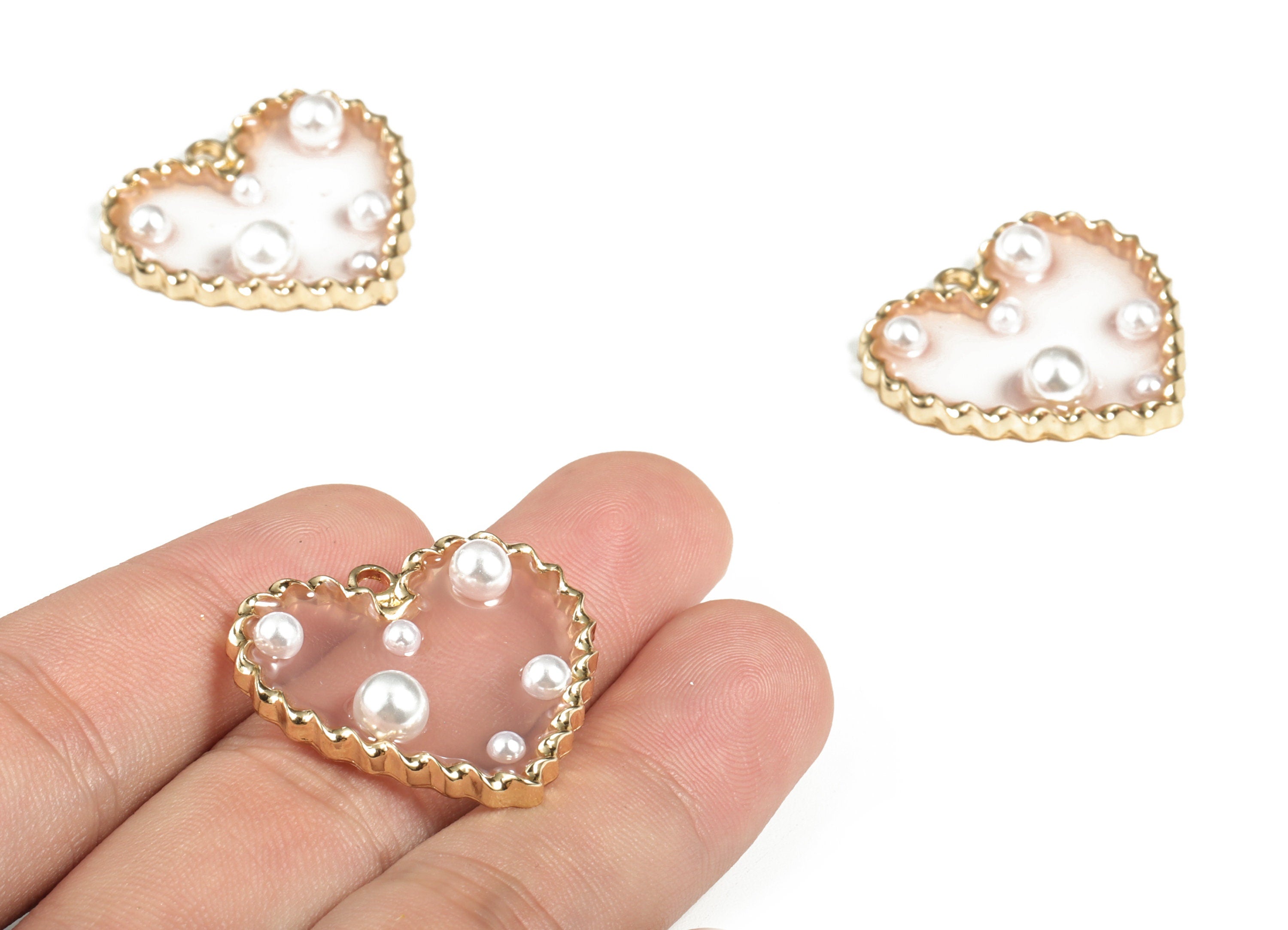 Alloy Heart Earring Charms With Pearl - Zinc Alloy Heart Pendant - Gold Tone Plated Zircon - AB Glue Pearl - 29.75x27.37x2.6mm - ZZ1802A - DOMEDBAZAAR