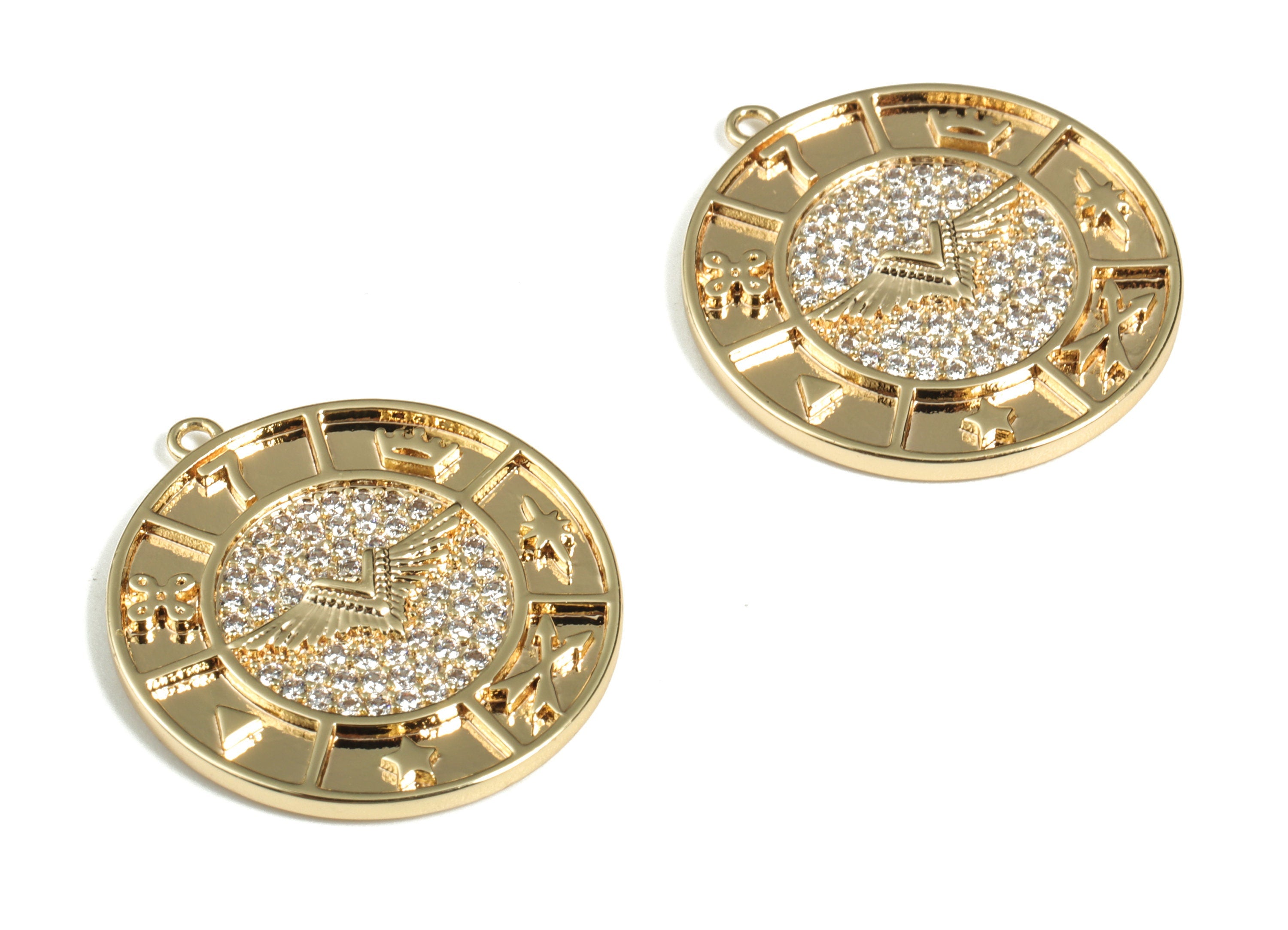 Brass Round Wing Earring Charms With Zircons - Gold Circle Pendant - 18K Real Gold Plated Brass - 25.04x22.81x2.51mm - RGP2806 - DOMEDBAZAAR