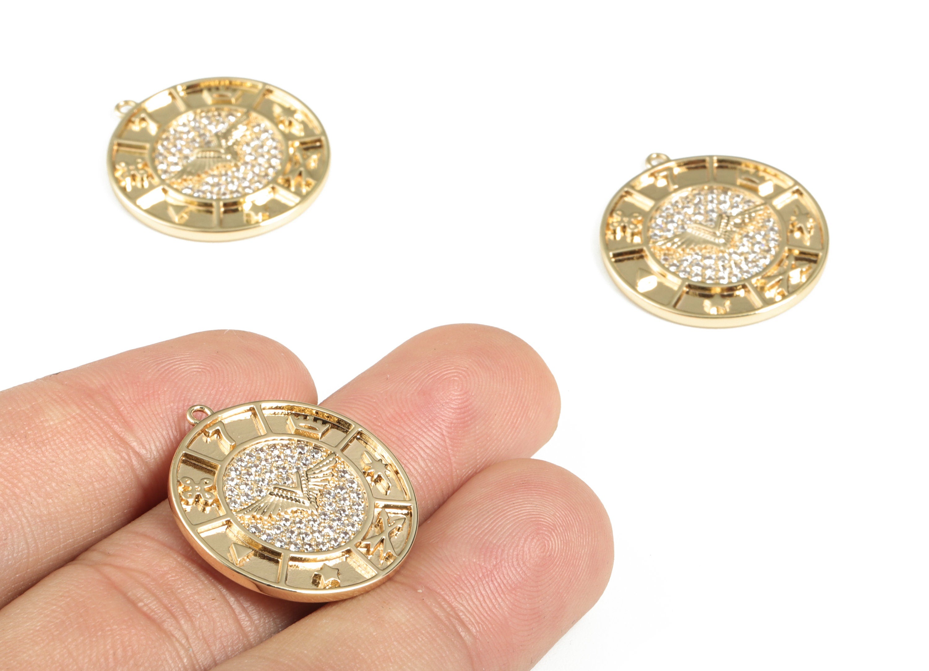 Brass Round Wing Earring Charms With Zircons - Gold Circle Pendant - 18K Real Gold Plated Brass - 25.04x22.81x2.51mm - RGP2806 - DOMEDBAZAAR