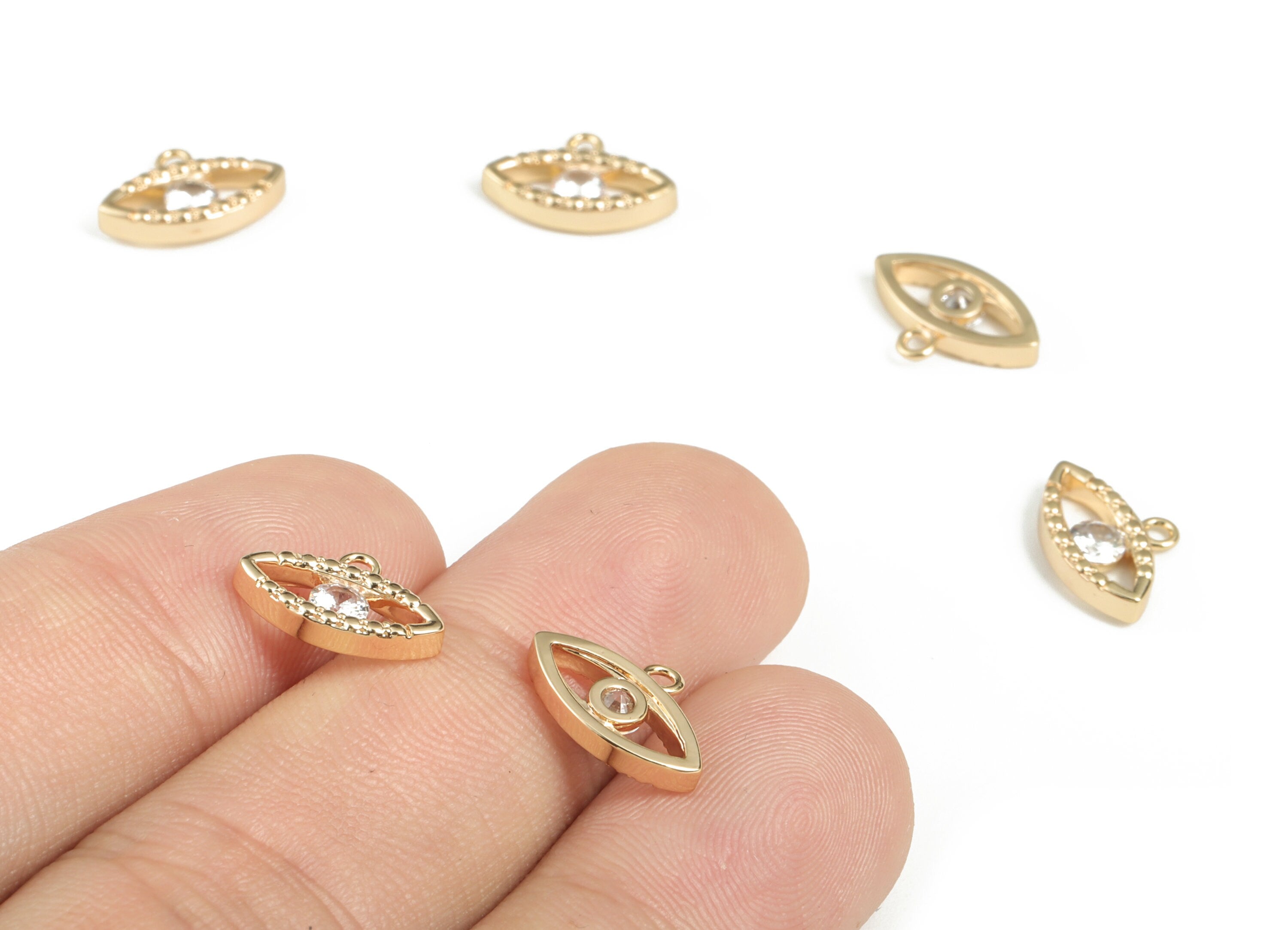 Brass Eye Earring Charms With Zircons - Gold Eye Pendant - 18K Real Gold Plated Brass - Jewelry Supplies - 12.8x8.89x2.36mm - RGP2809 - DOMEDBAZAAR