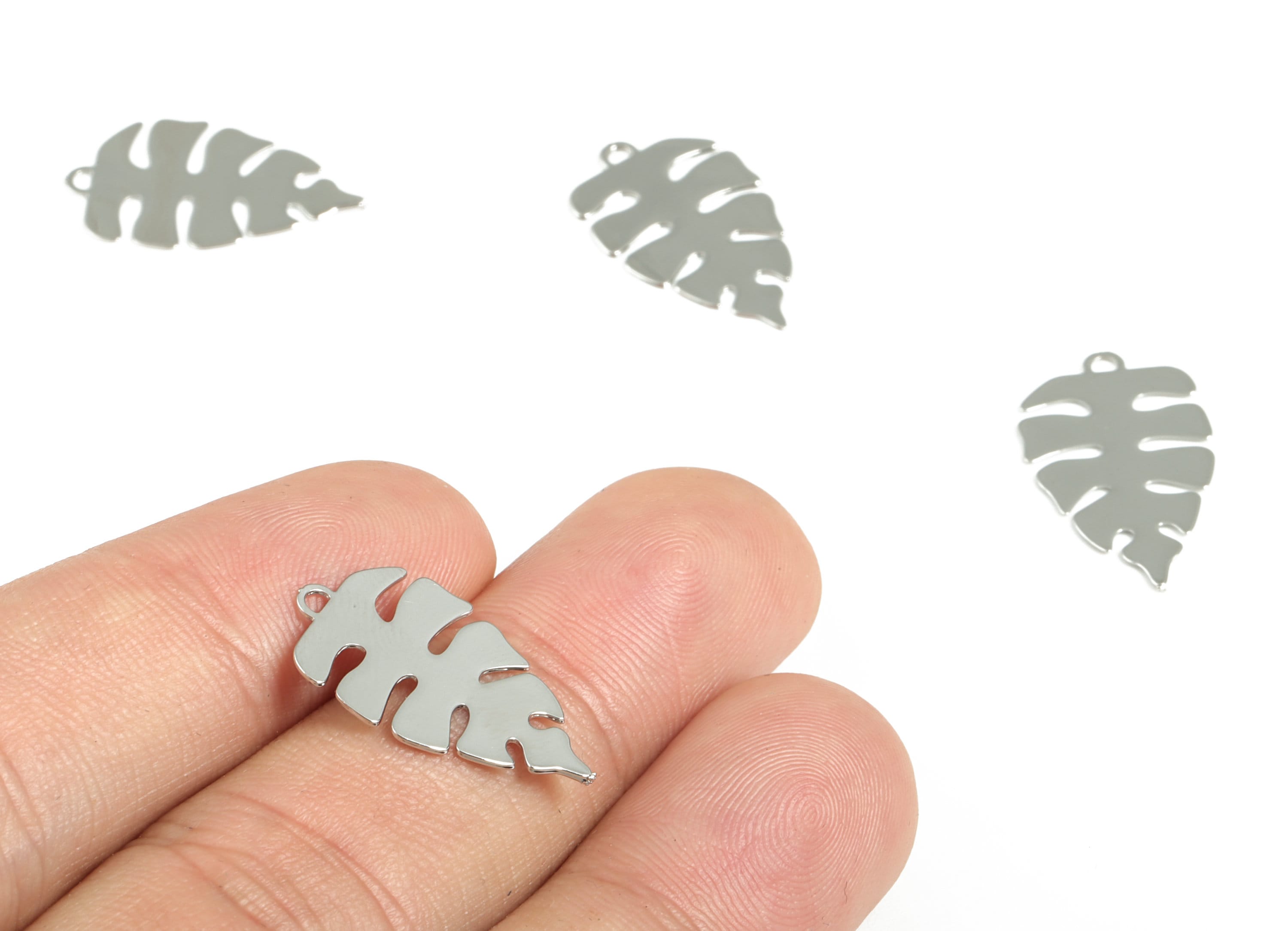 Brass Monstera Earring Charms - 18K Real White Gold Plated Brass Monstera Pendant - Jewelry Making Supplies - 21.56x12.99x0.44mm - RGP2814S - DOMEDBAZAAR