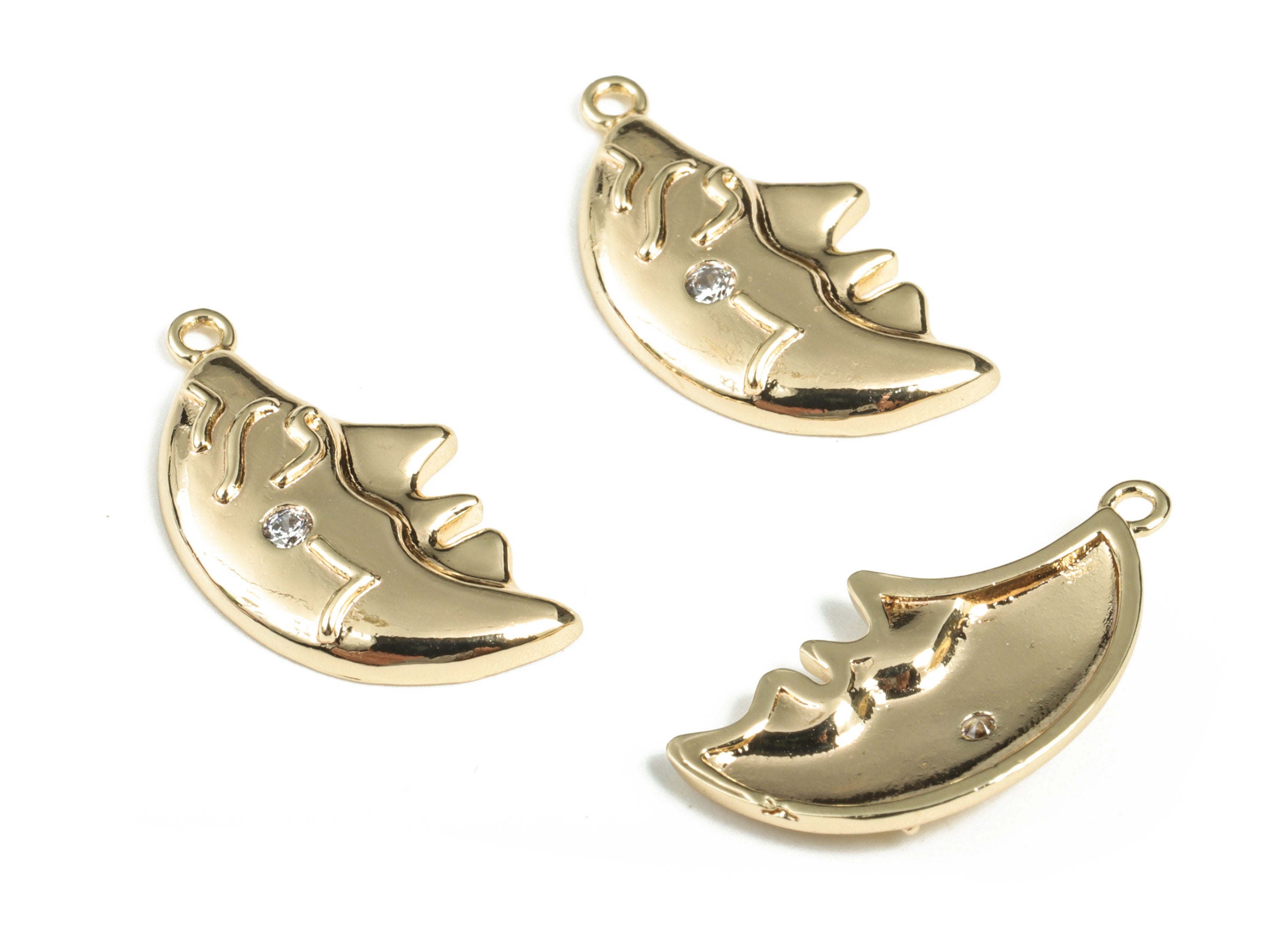 Brass Moon Earring Charms With Zircon - 18K Real Gold Plated Brass Moon Pendant - Jewelry Making Supplies – 21.27x11.7x2.64mm - RGP2818 - DOMEDBAZAAR