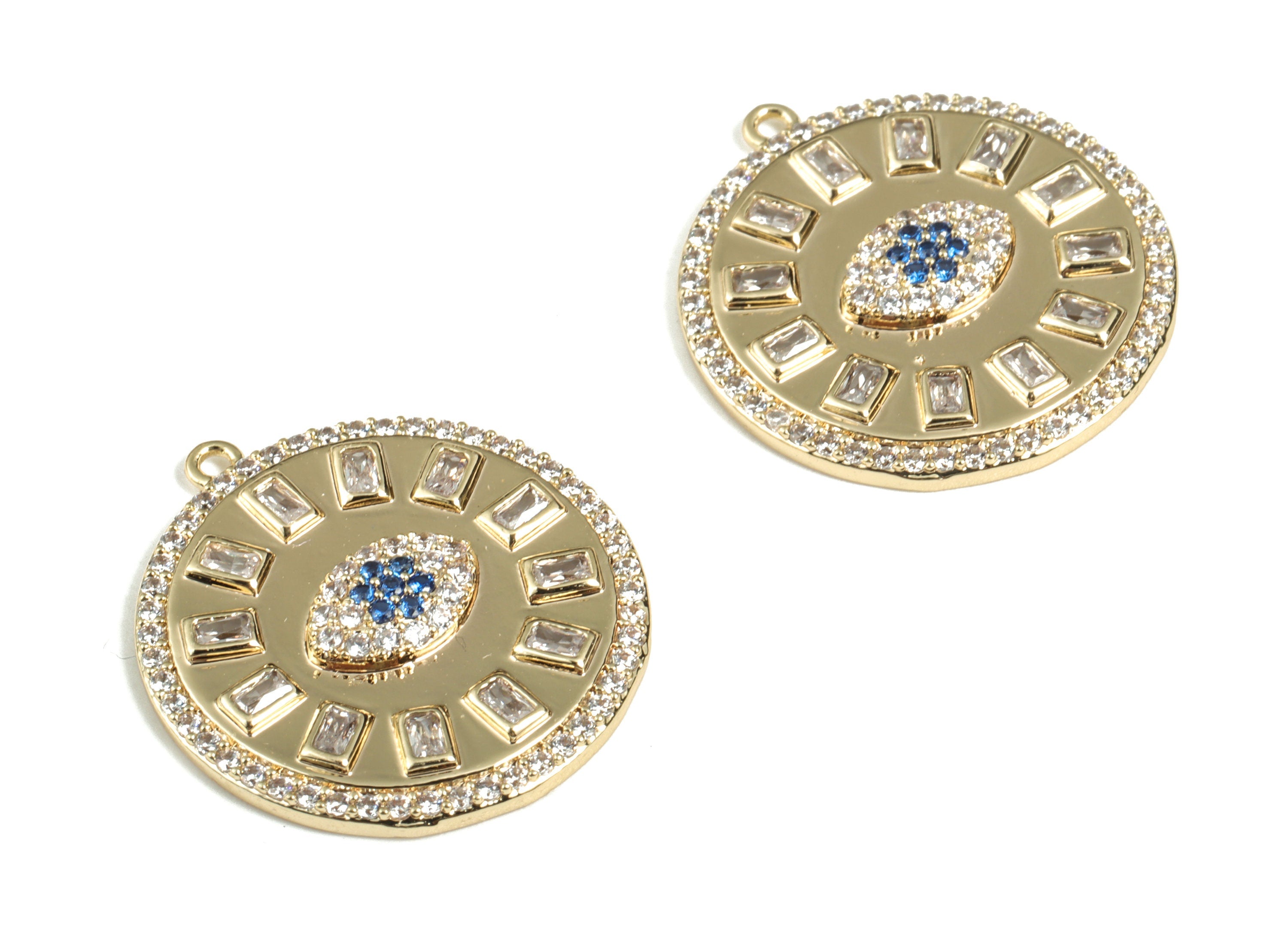 Brass Round Sun Eye Earring Charms With Zircon - 18K Real Gold Plated Brass - Circle Sun Moon Pendant - 24.77x22.78x3.18mm - RGP2840 - DOMEDBAZAAR