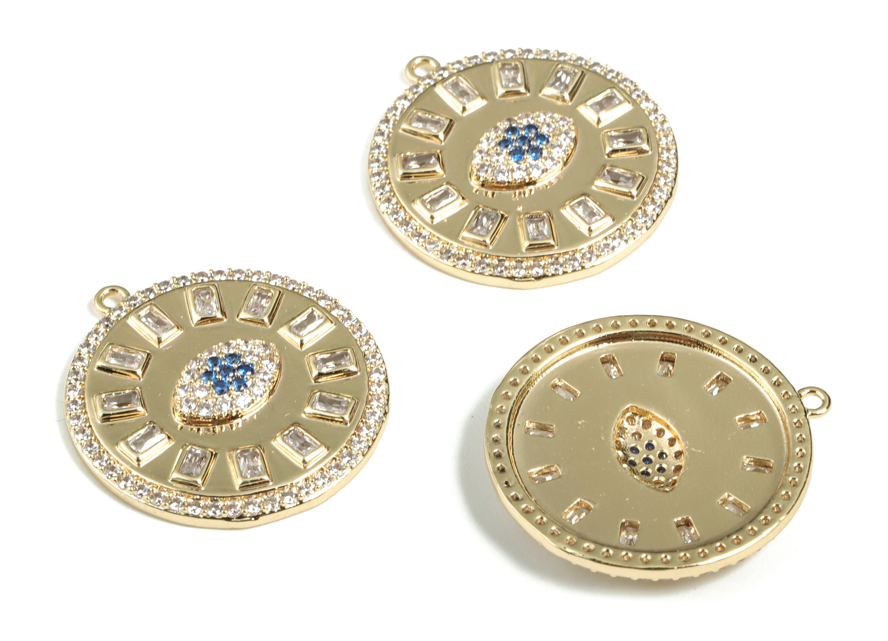Brass Round Sun Eye Earring Charms With Zircon - 18K Real Gold Plated Brass - Circle Sun Moon Pendant - 24.77x22.78x3.18mm - RGP2840 - DOMEDBAZAAR