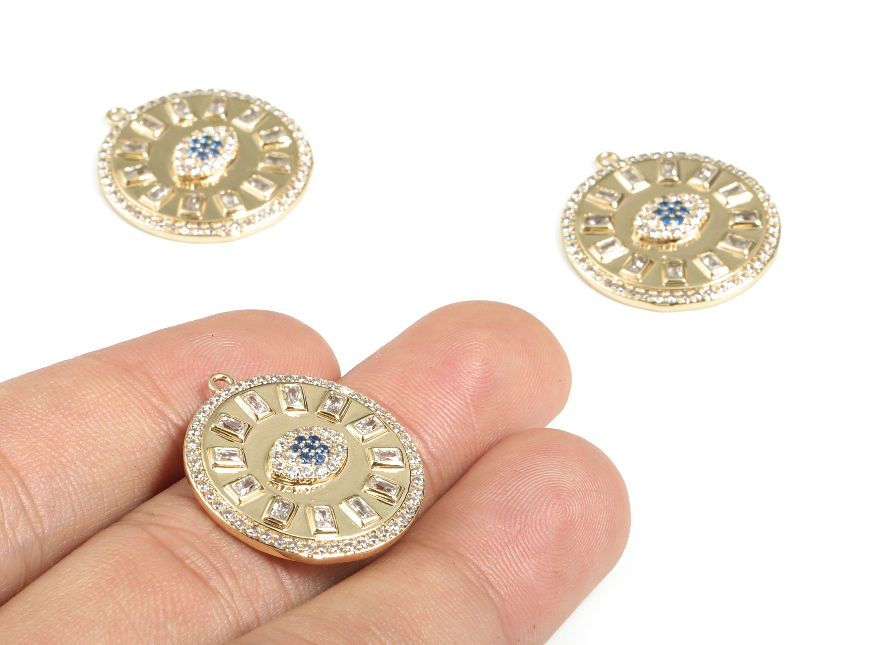 Brass Round Sun Eye Earring Charms With Zircon - 18K Real Gold Plated Brass - Circle Sun Moon Pendant - 24.77x22.78x3.18mm - RGP2840 - DOMEDBAZAAR