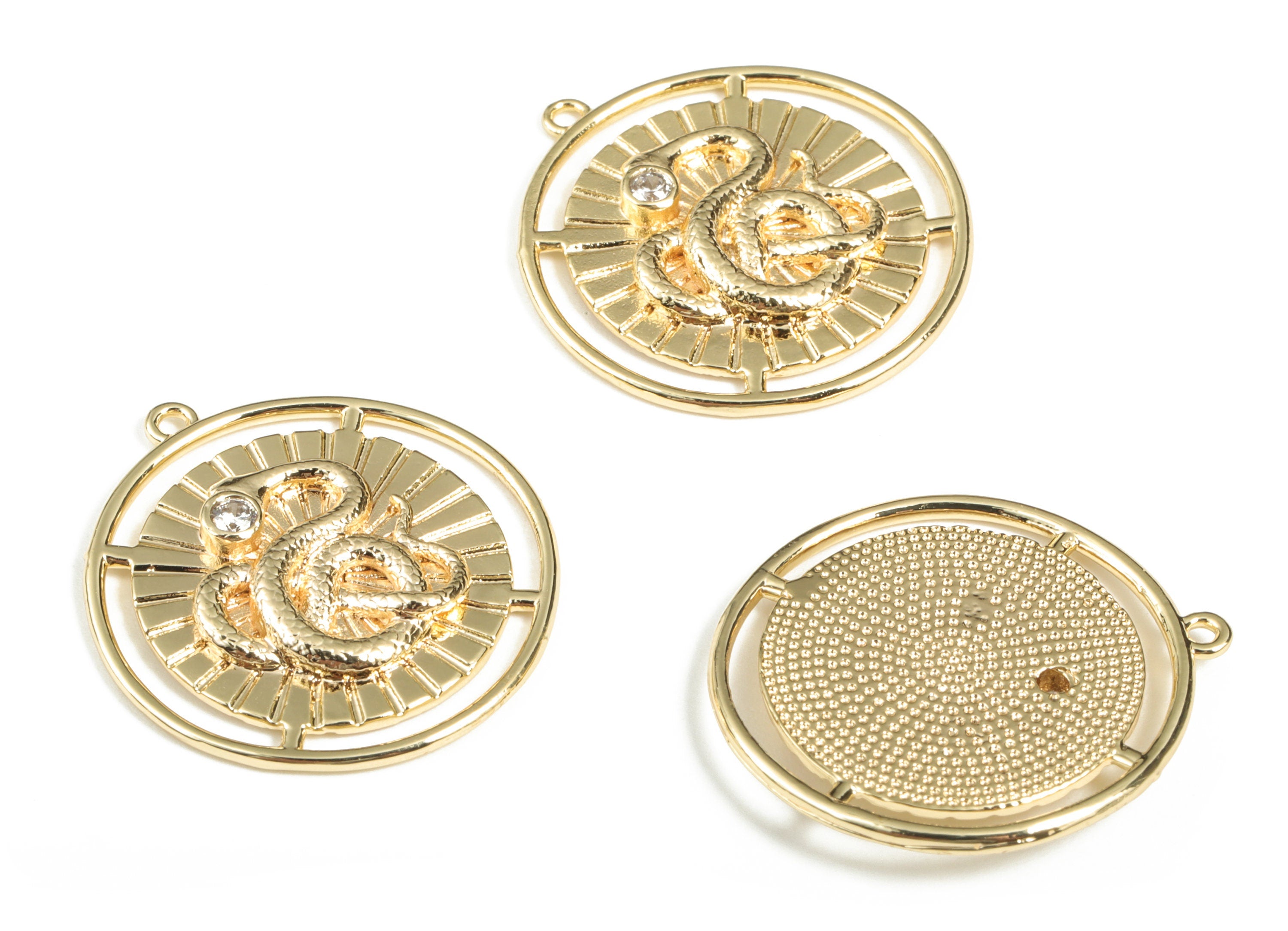 Brass Round Snake Earring Charms With Zircon - 18K Real Gold Plated Brass Circle Snake Pendant - Jewelry Supplies – 25.41x23x2.8mm - RGP2842 - DOMEDBAZAAR