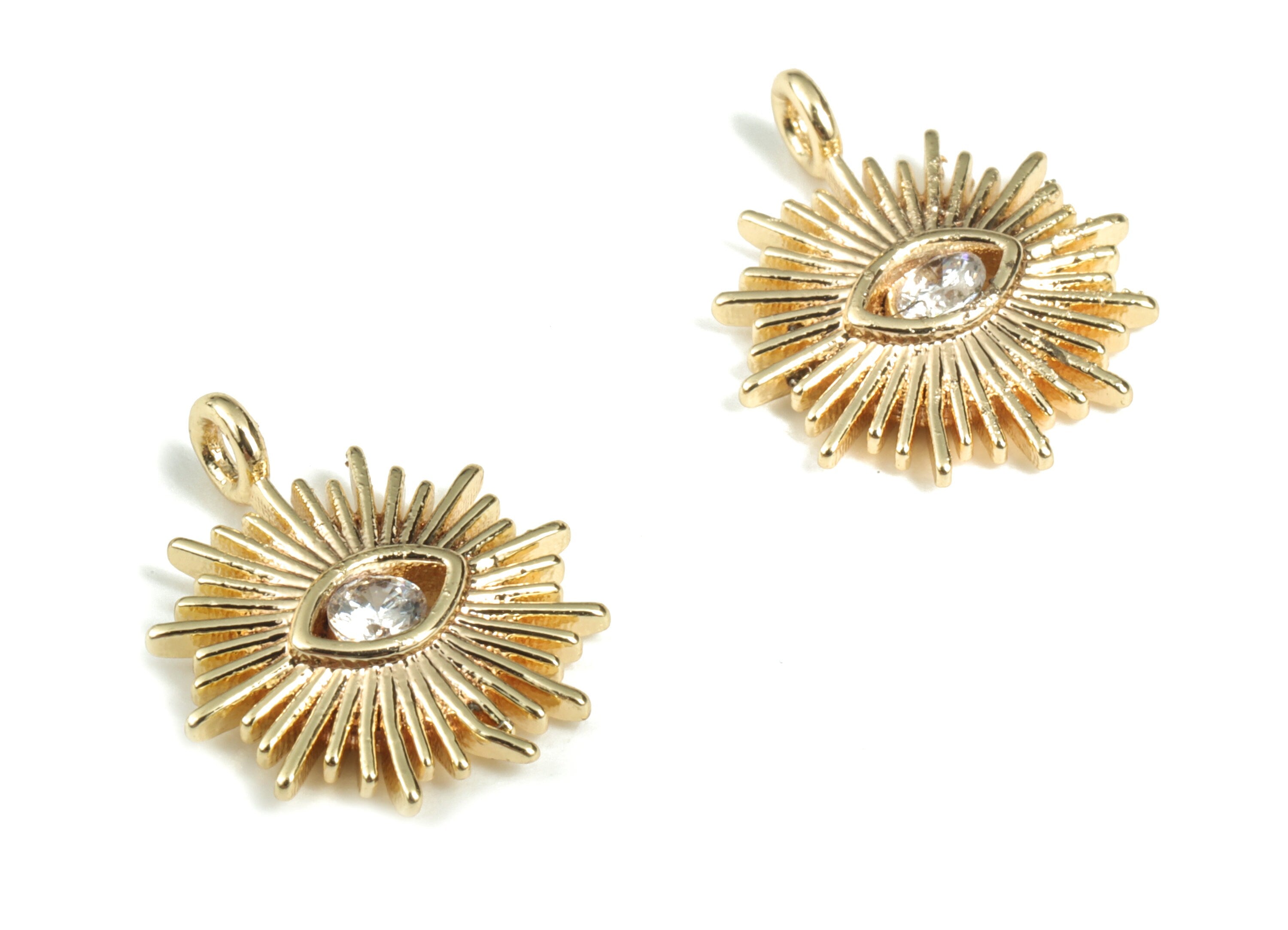 Brass Sun Eye Earring Charms With Zircon – Gold Sun Eye Pendant – 18K Real Gold Plated Brass – Jewelry Supplies - 14.57x11.58x2mm – RGP2850 - DOMEDBAZAAR