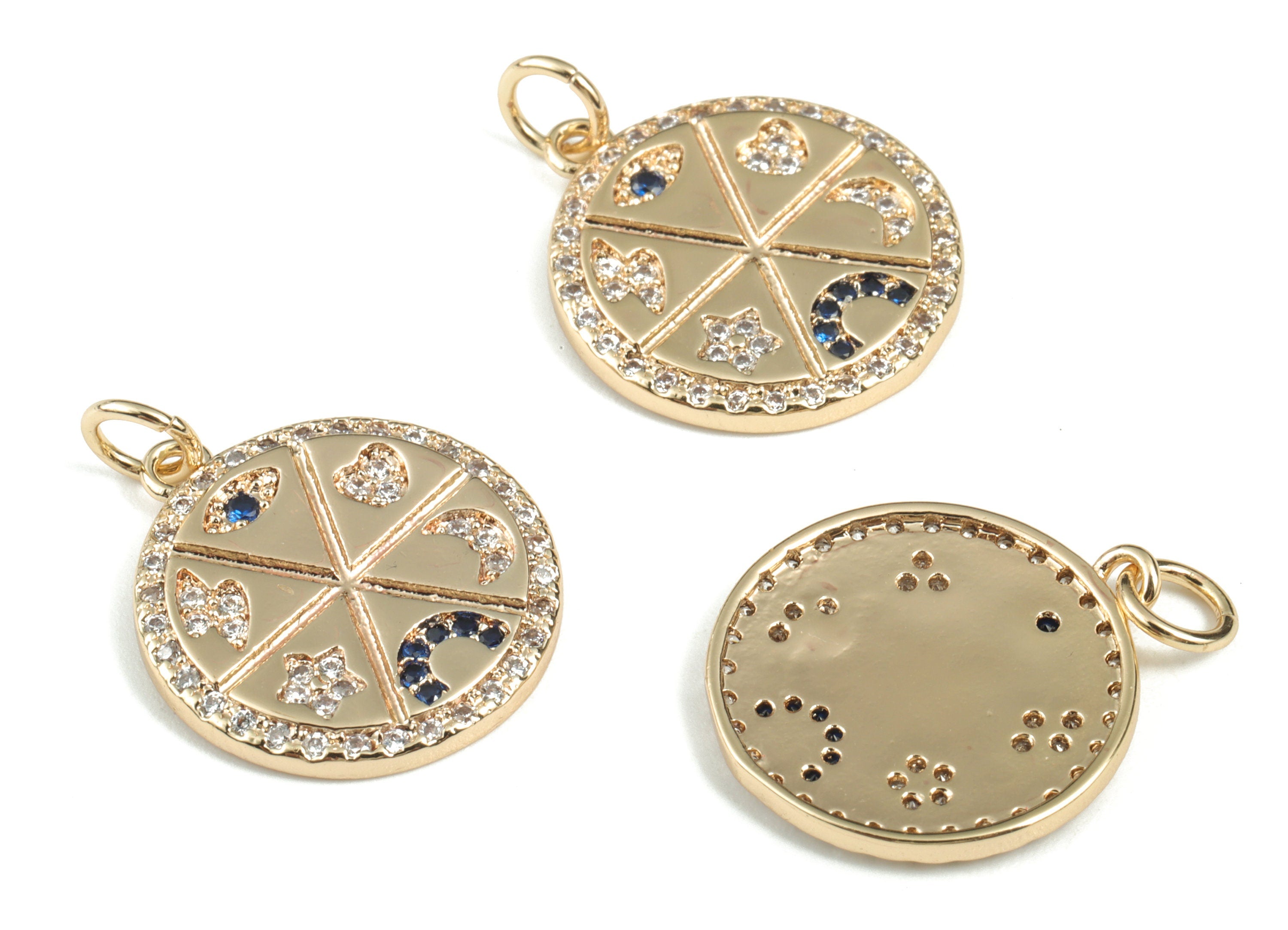 Brass Round Eye Earring Charms With Zircon – Gold Circle Eye Pendant - 18K Real Gold Plated Brass – 22.31x17.07x2.05mm - RGP2851 - DOMEDBAZAAR