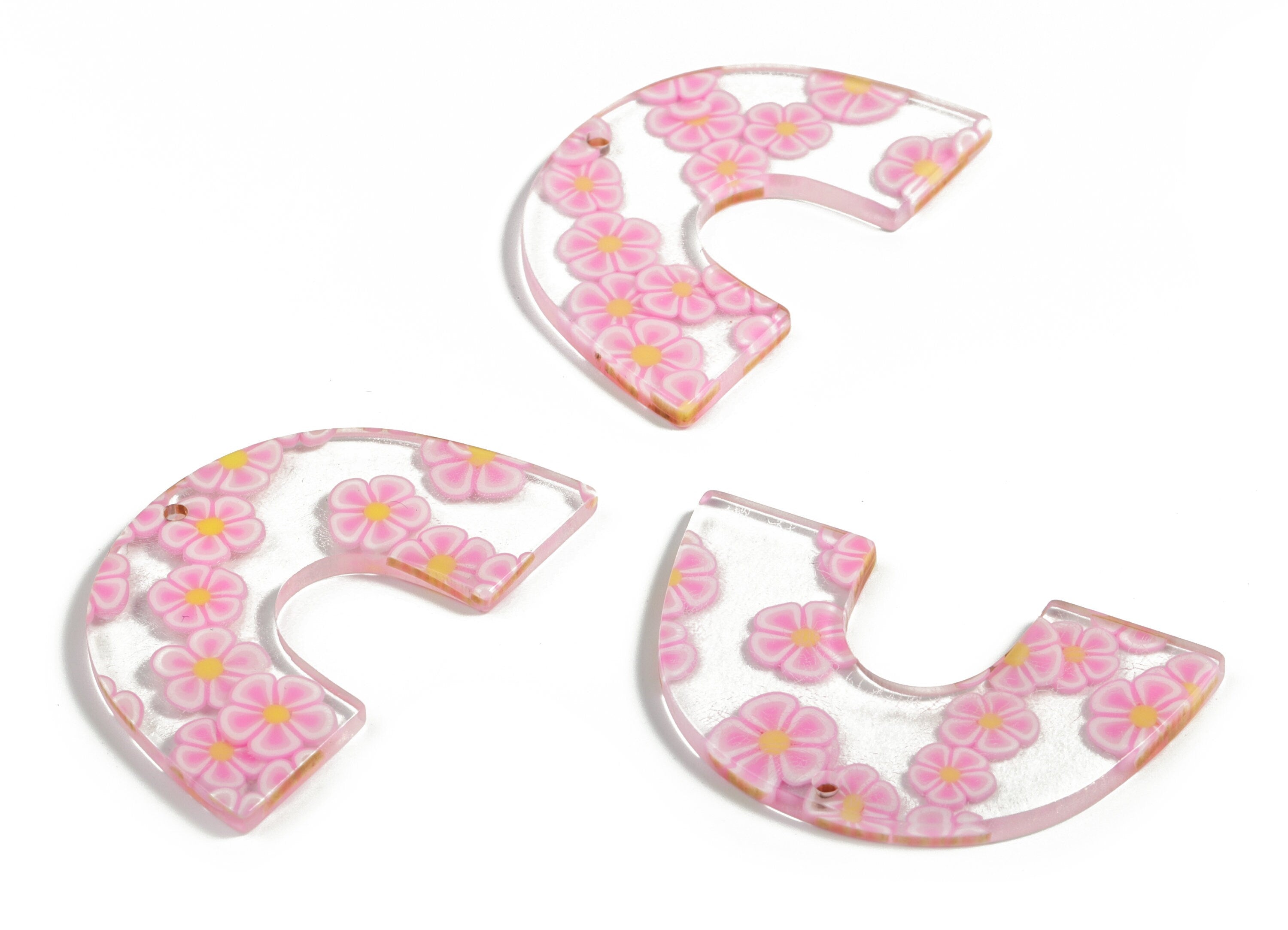 Acrylic Semicircle Earring Charms – Acrylic Pink Flower U Pendant - Jewelry Supplies - Color Code:A589 – 40.14x25.65x2.47mm - AC2018-A589 - DOMEDBAZAAR