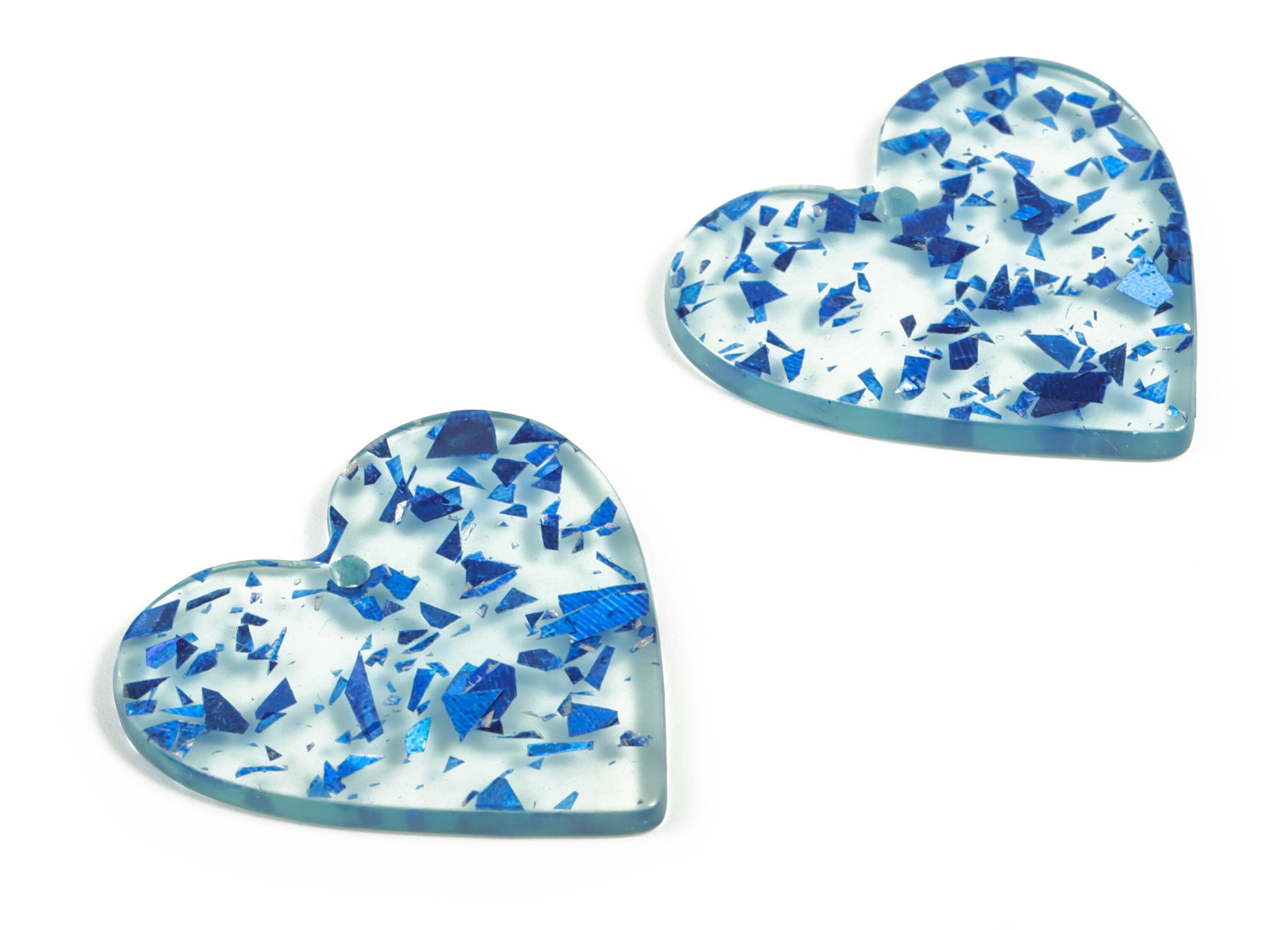 Acrylic Heart Earring Charms - Heart Pendant - Blue Foil & Confetti - Jewelry Supplies - Color Code: A621 - 31.81x31.22x2.67mm - AC1431-A621 - DOMEDBAZAAR