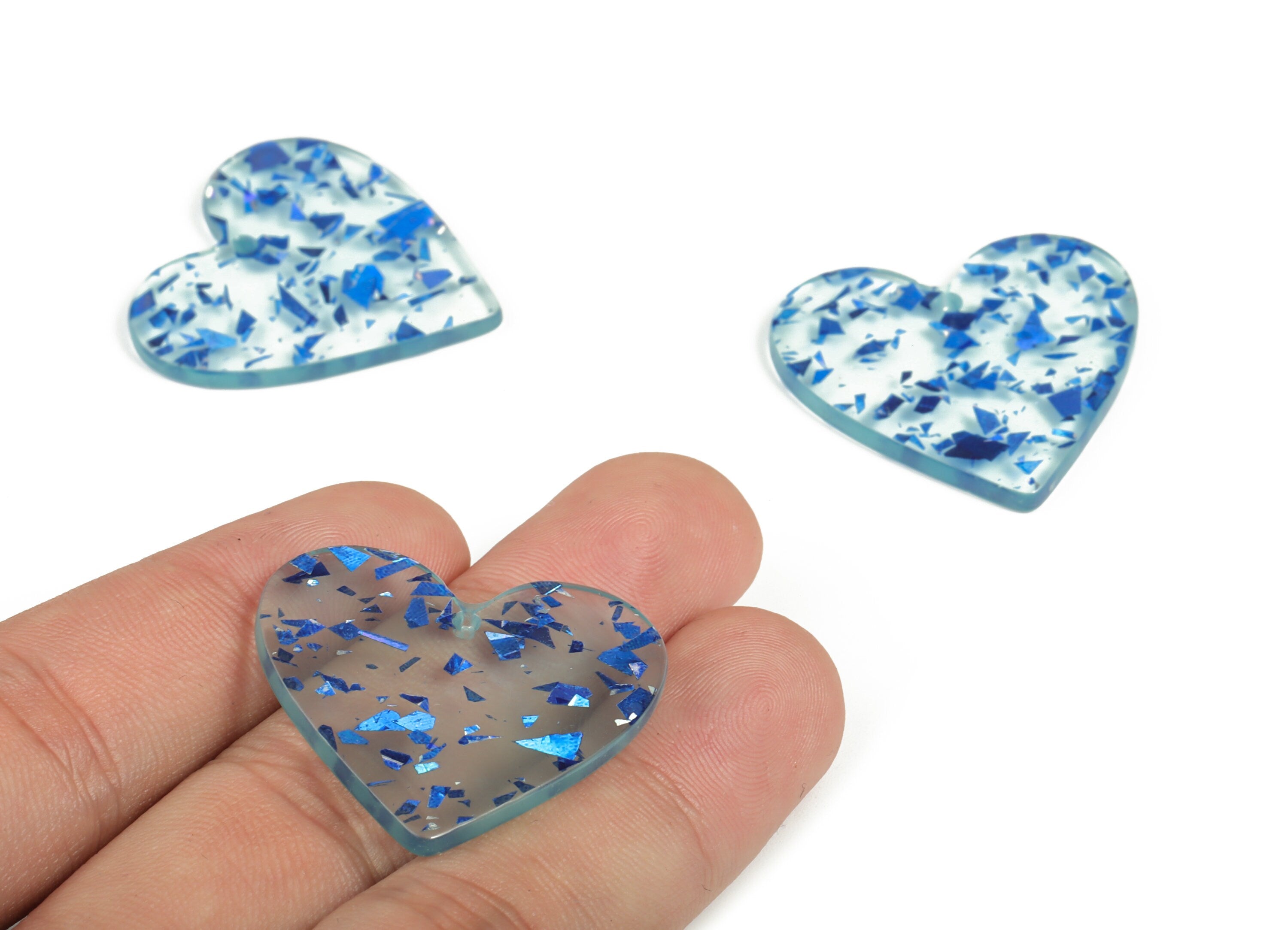 Acrylic Heart Earring Charms - Heart Pendant - Blue Foil & Confetti - Jewelry Supplies - Color Code: A621 - 31.81x31.22x2.67mm - AC1431-A621 - DOMEDBAZAAR