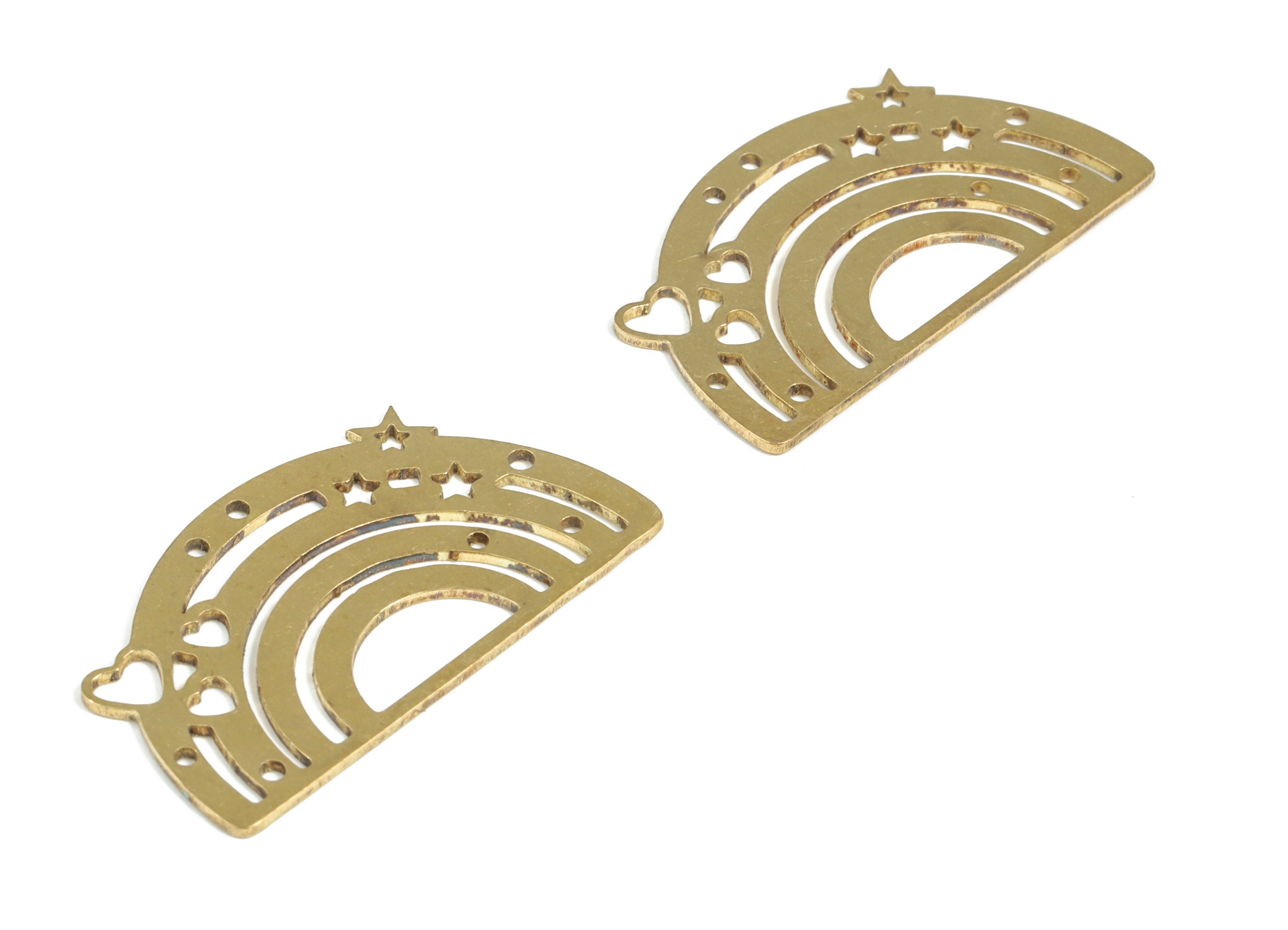 Brass Semi circle Stars Earring Charms - Raw Brass Half Moon Hearts Pendant - Jewelry Making Supplies - 34.92x19.92x0.77mm - PP3934 - DOMEDBAZAAR
