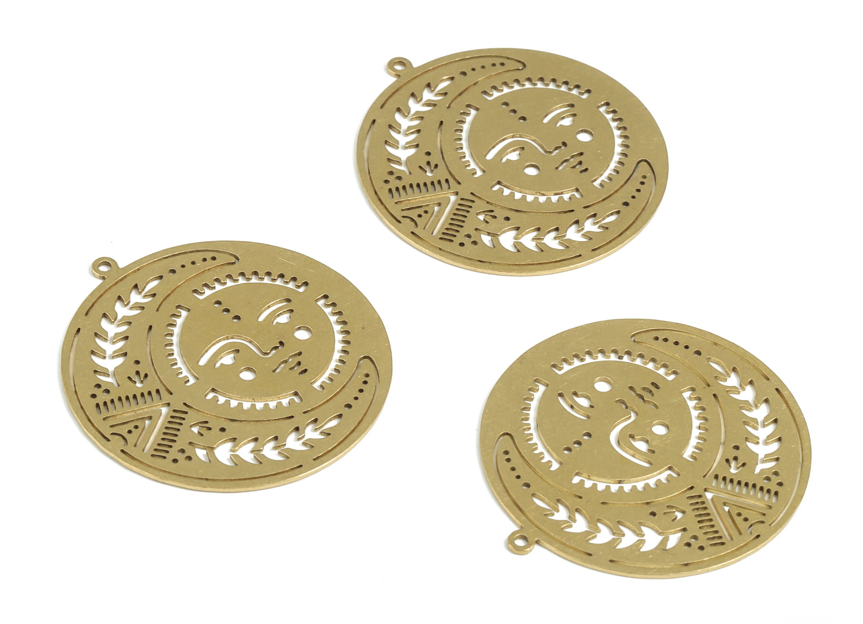 Brass Round Moon Earring Charms - Raw Brass Circle Face Branch Pendant – DIY Jewelry Making Supplies - 34.97x34.97x0.9mm - PP3953 - DOMEDBAZAAR