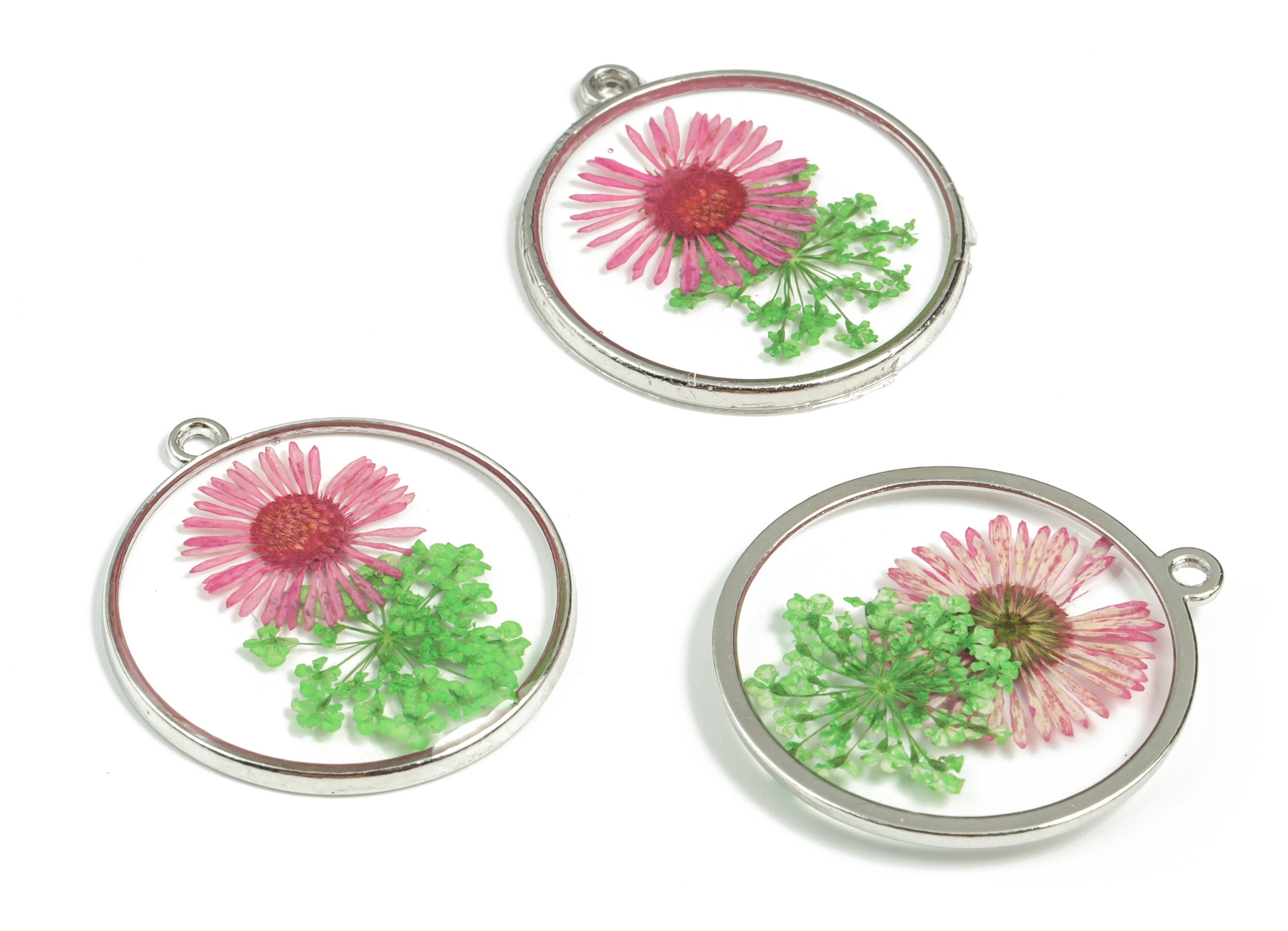 Resin Round Earring Charms - Resin Real Flower Pendant - Silver Tone Plated Alloy - Jewelry Making Supplies - 32.84x29.76x2.82mm - RC1172 - DOMEDBAZAAR