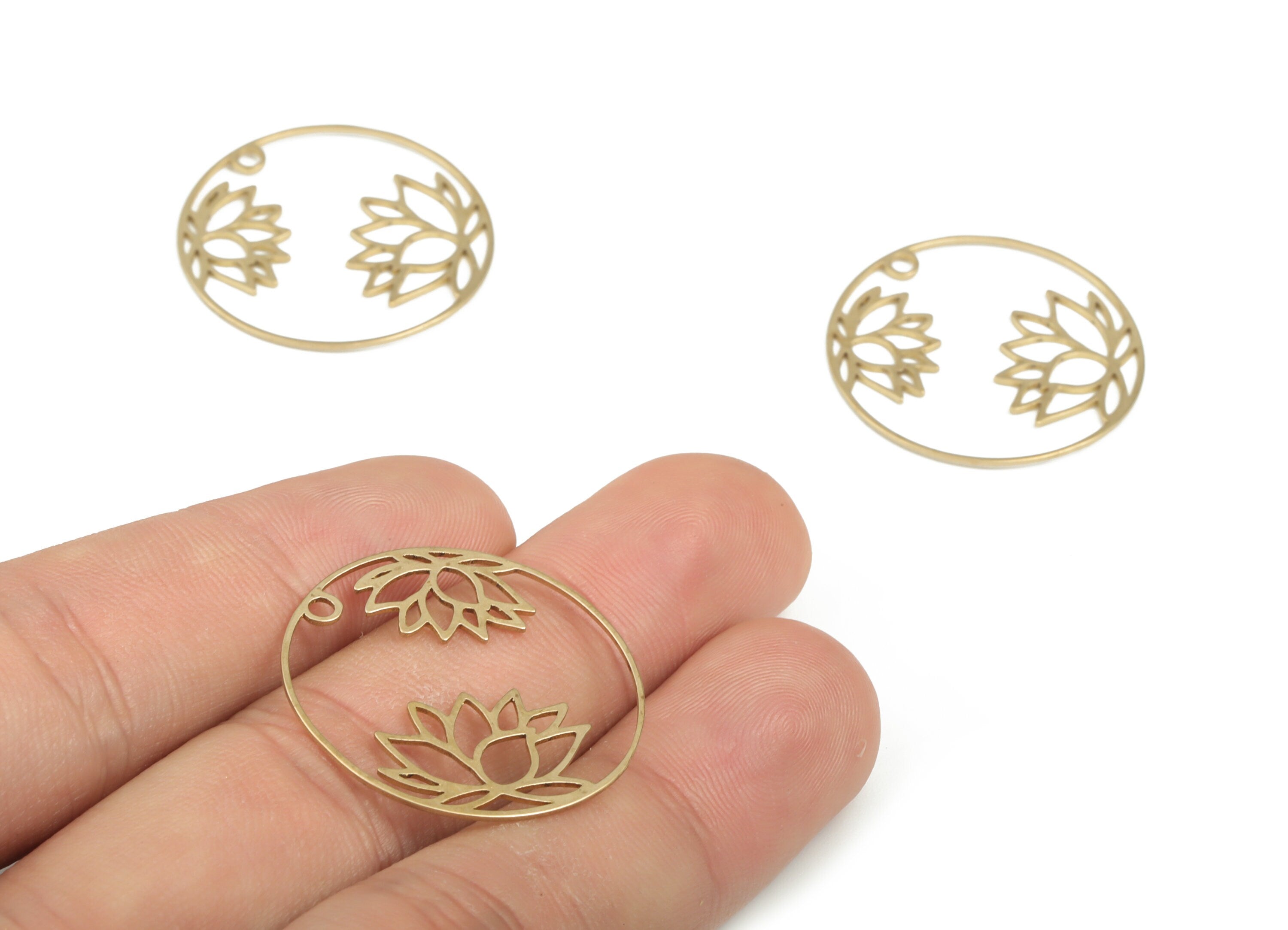 Raw Brass Round Lotus Flower Charm –Flower Earring Charm – Circle Flower Pendant Charm - Jewelry Making Supplies 26.4×26.4×0.61mm - PP3929 - DOMEDBAZAAR