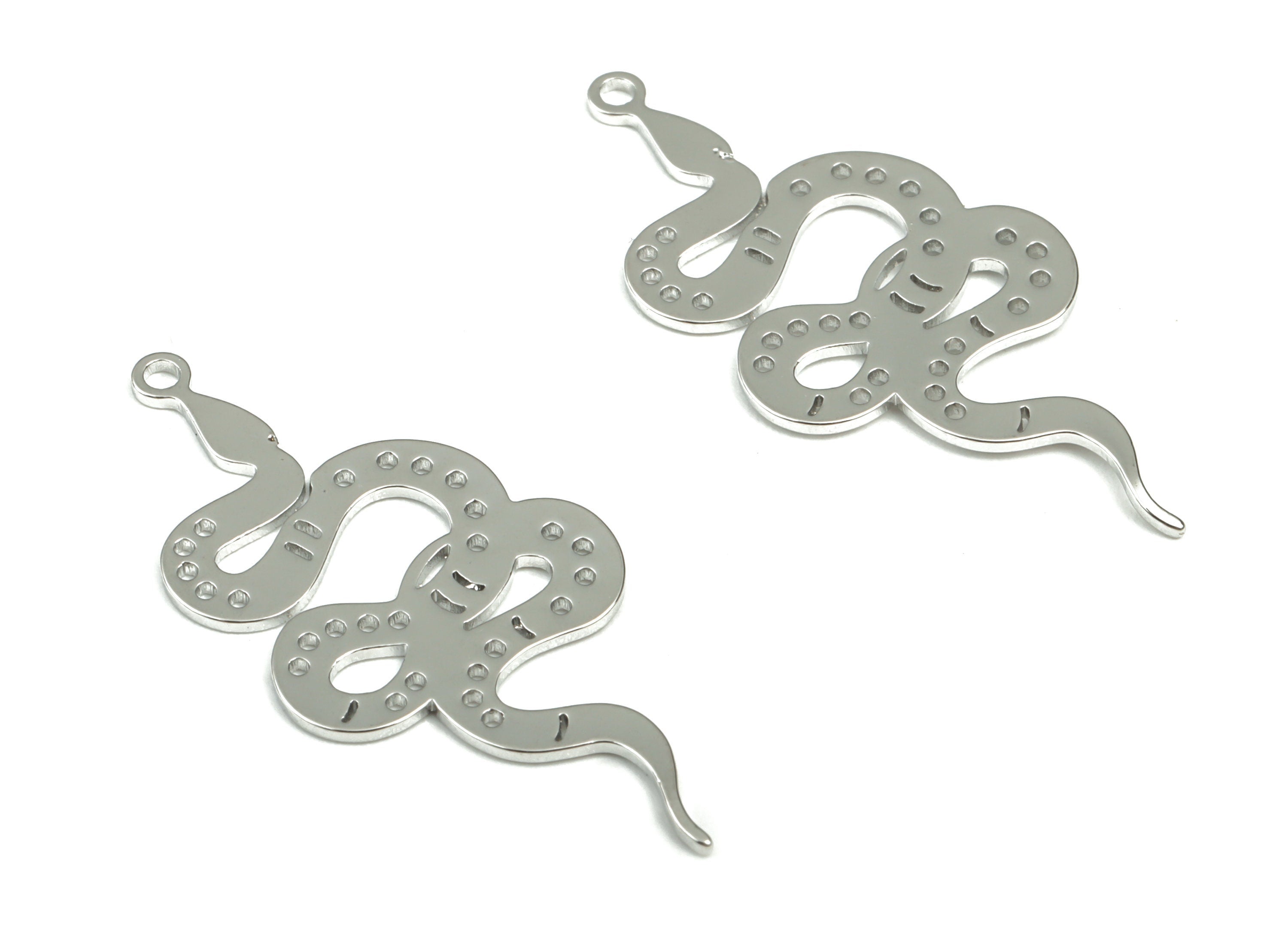 Brass Snake Earring Charms - 18K Real White Gold Plated Brass Snake Pendant - Jewelry Making Supplies - 32.58x14.29x0.73mm - RGP2964S - DOMEDBAZAAR