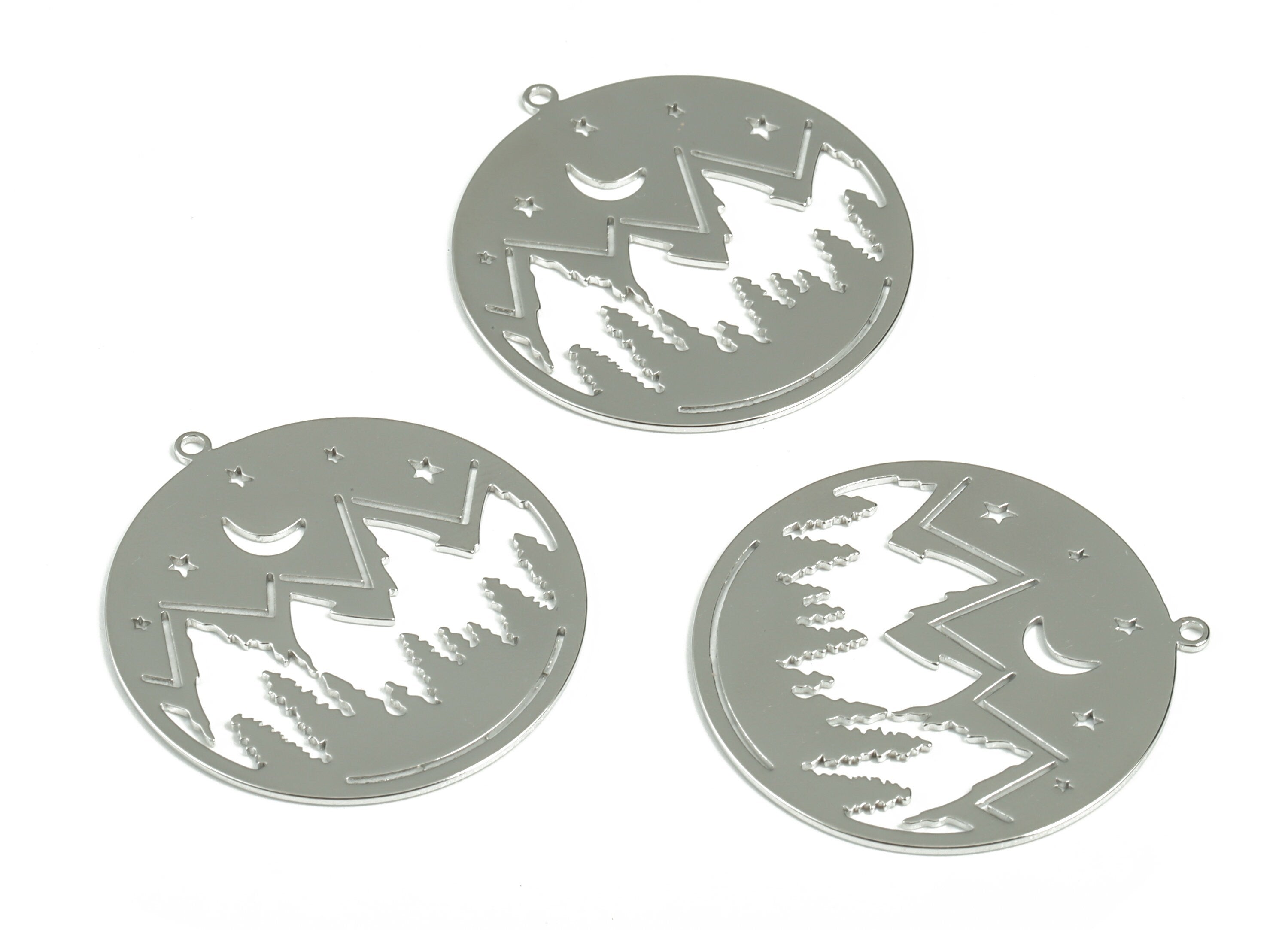 Brass Mountain Moon Stars Earring Charms - 18K Real White Gold Plated - Brass Mountain Crescent Pendant - 32.22x30.09mx0.7mm - RGP2960S - DOMEDBAZAAR