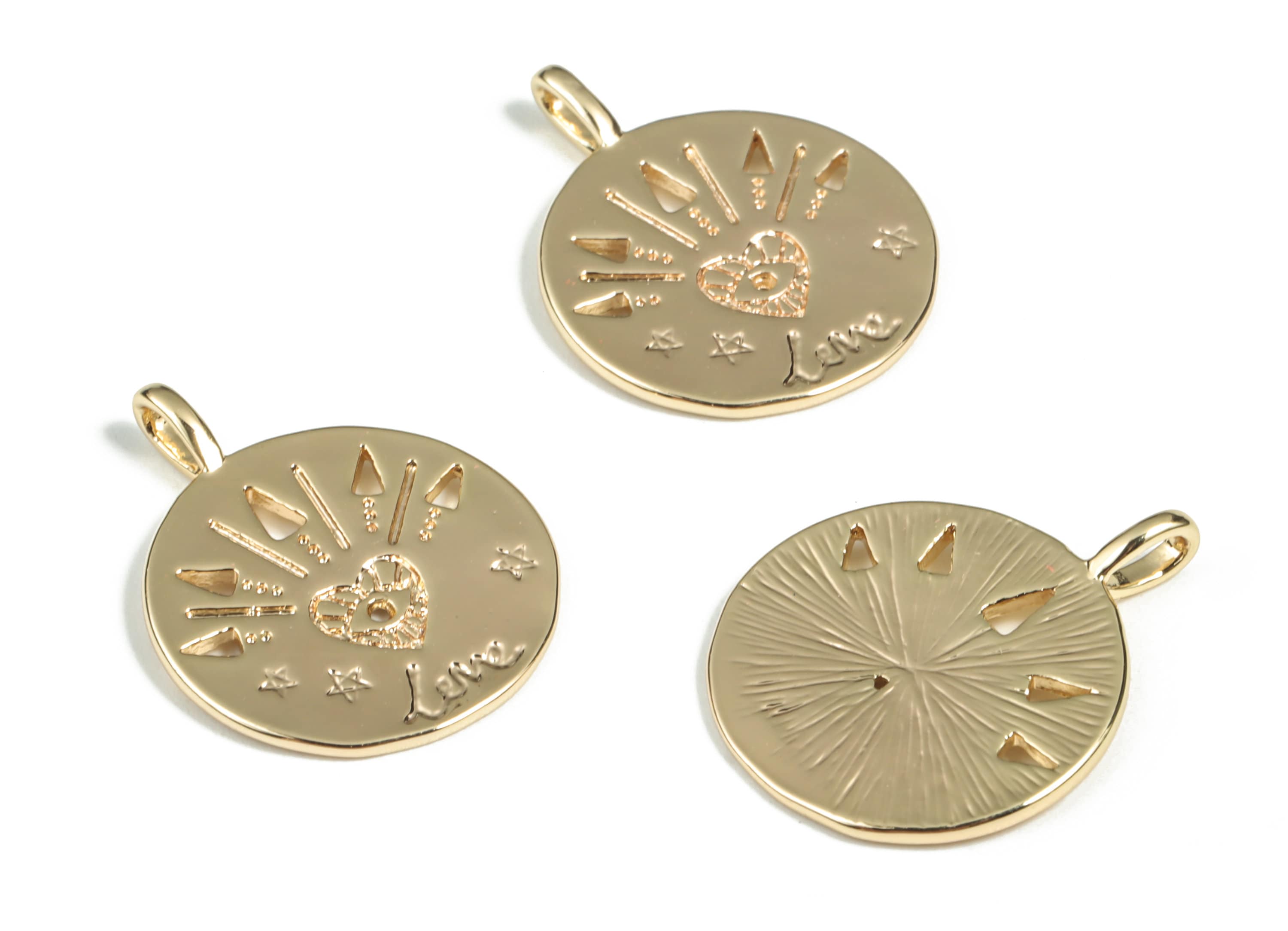 Brass Round Star Earring Charms - Gold Heart Eye Pendant - 18K Real Gold Plated Brass - Jewelry Supplies - 23.24x18.35x1.12mm - RGP2929 - DOMEDBAZAAR