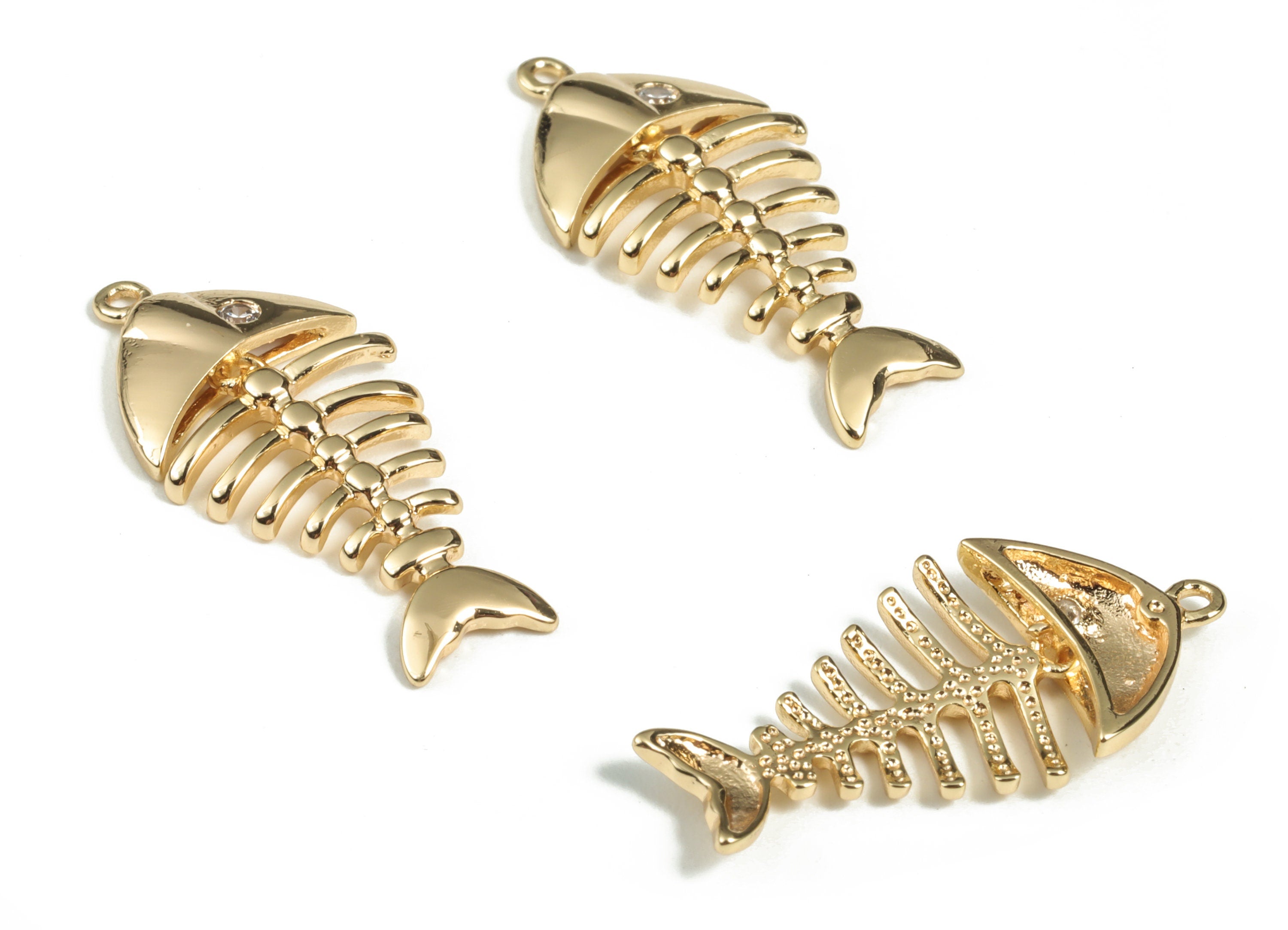 Raw Brass Fish Skeleton – Fish Skeleton Pendant Charm - 18K Real Gold Plated Brass – Jewelry Making Supplies - 23.43×21.73×4.33mm - RGP2924 - DOMEDBAZAAR