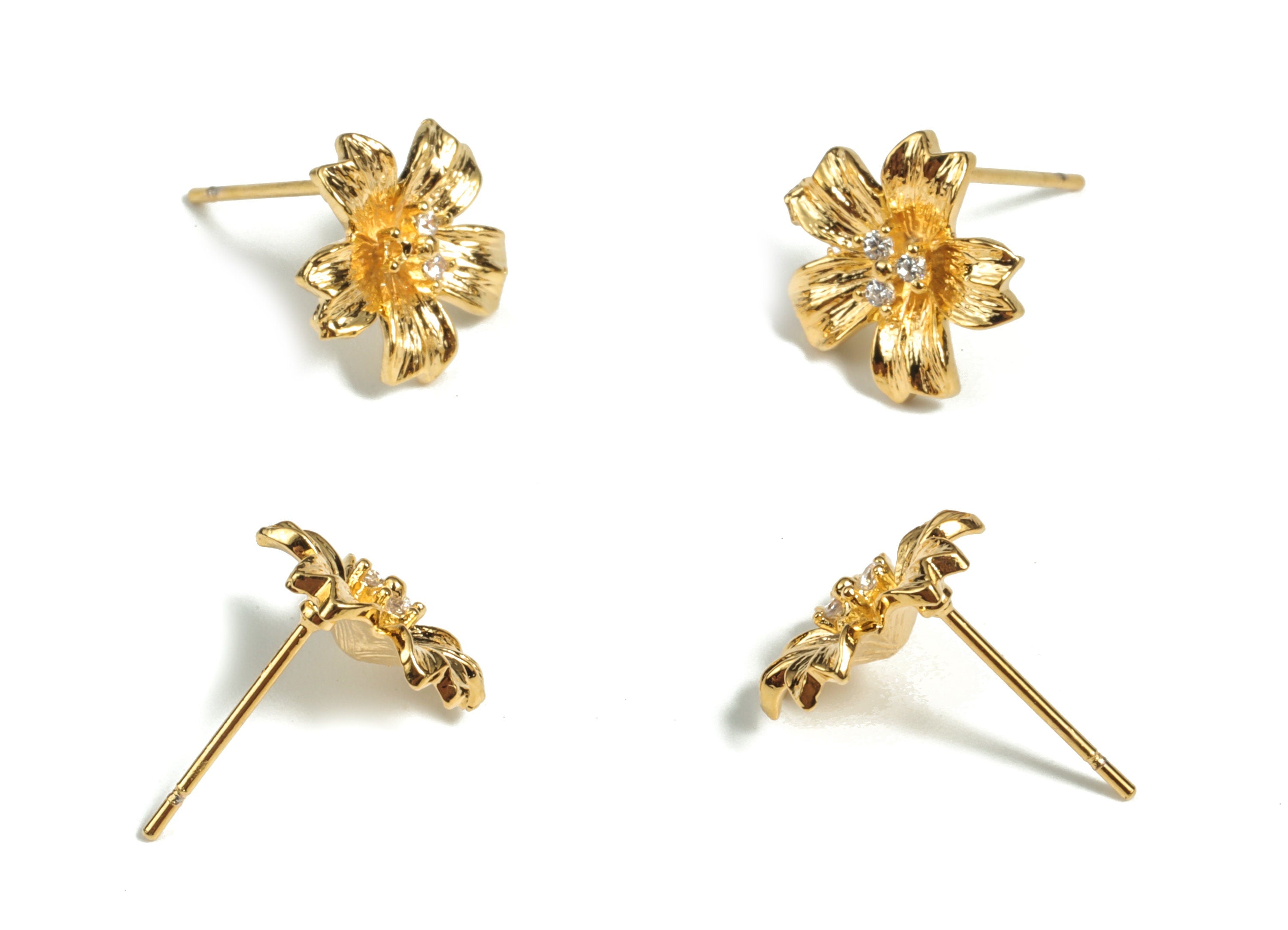 Brass Flower Earring Stud With Zircons - Gold Flower Post - 18K Real Gold Plated Brass – 316 Surgical Stainless Steel - 12x11x4mm - RGP2932 - DOMEDBAZAAR