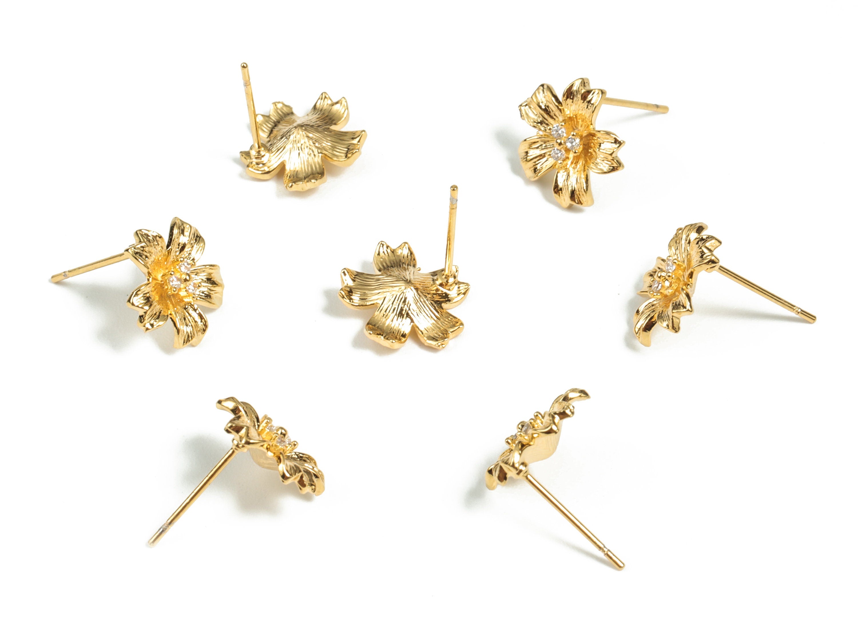 Brass Flower Earring Stud With Zircons - Gold Flower Post - 18K Real Gold Plated Brass – 316 Surgical Stainless Steel - 12x11x4mm - RGP2932 - DOMEDBAZAAR