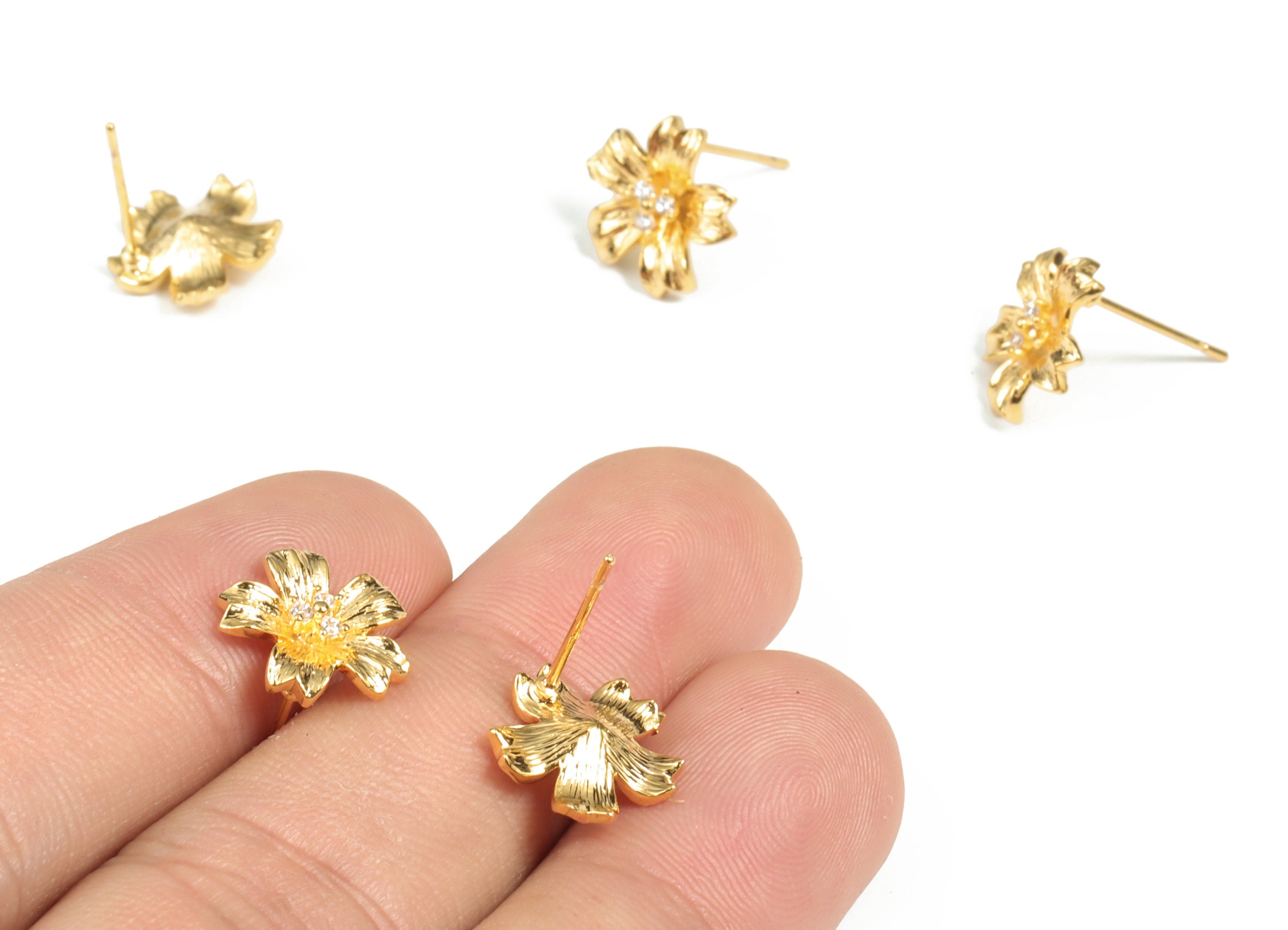 Brass Flower Earring Stud With Zircons - Gold Flower Post - 18K Real Gold Plated Brass – 316 Surgical Stainless Steel - 12x11x4mm - RGP2932 - DOMEDBAZAAR