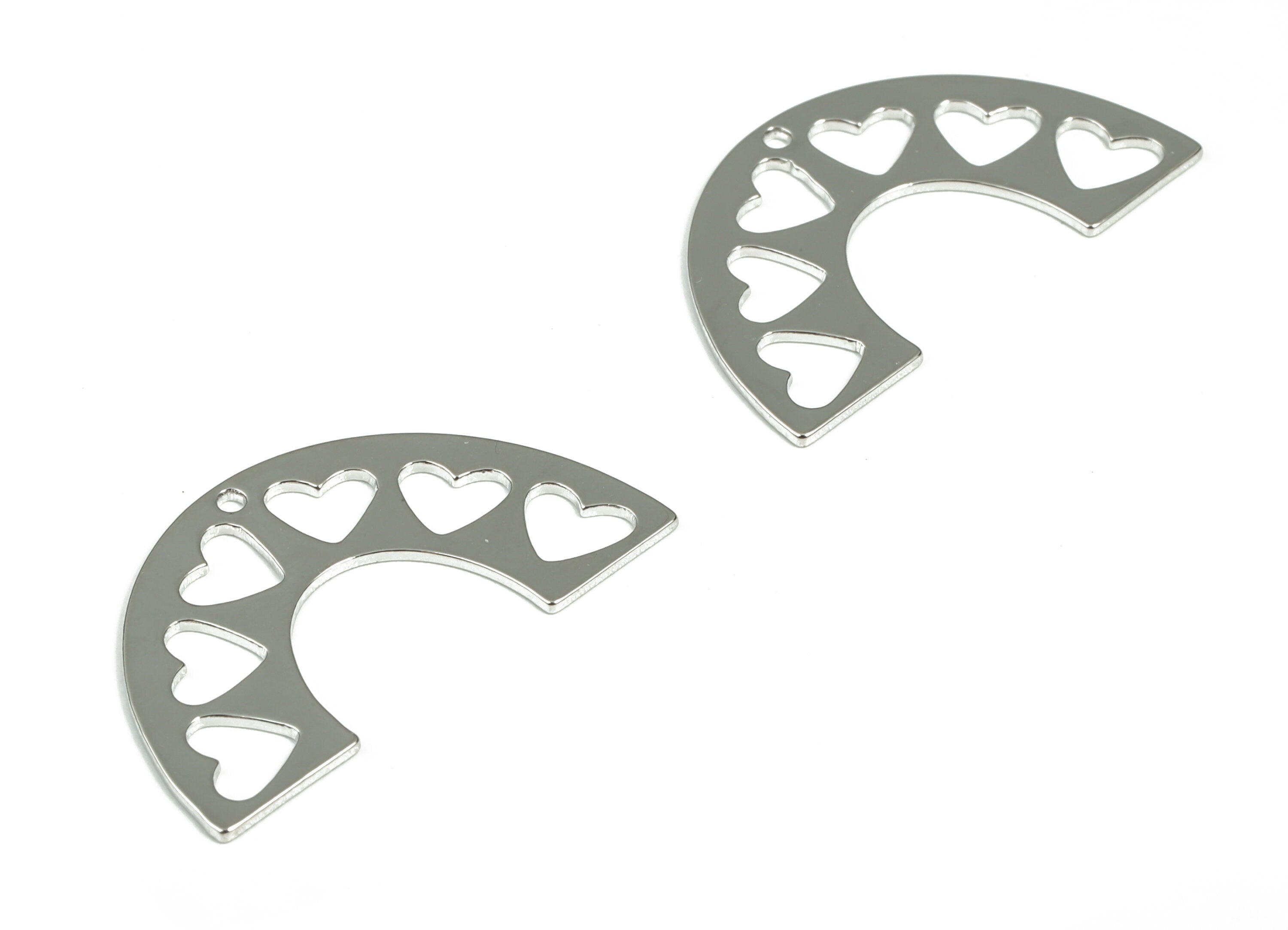 Brass Half Moon Hearts Earring Charms - 18K Real White Gold Plated - Brass Semi Circle Heart Pendant - 30.05x17.73x0.73mm - RGP2959S - DOMEDBAZAAR