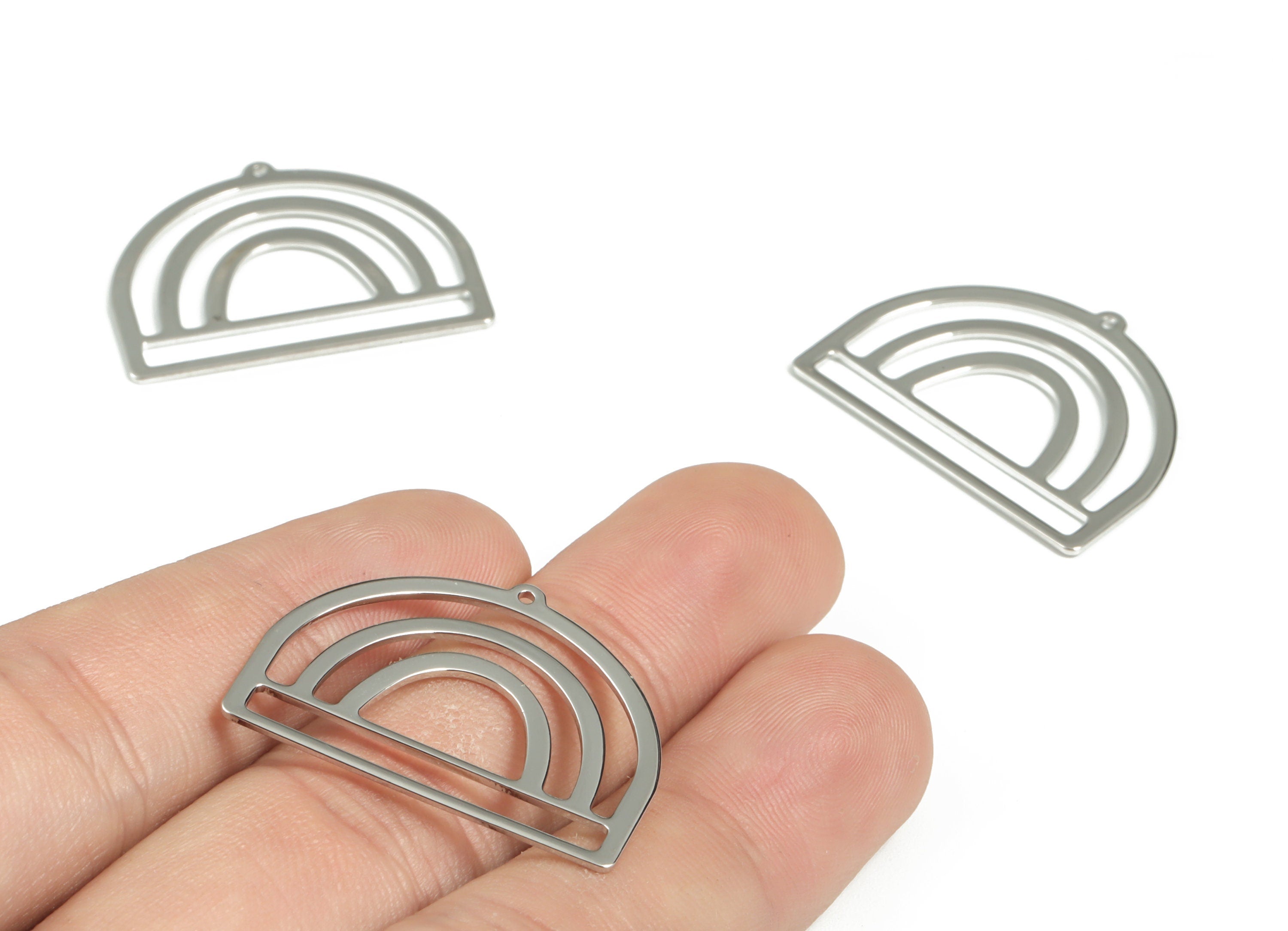 Brass Rainbow Domed  Earring Charms - 18K Real White Gold Plated Brass Semi circle Pendant - Jewelry Supplies - 30.03x23.34x0.8mm - RGP2958S - DOMEDBAZAAR