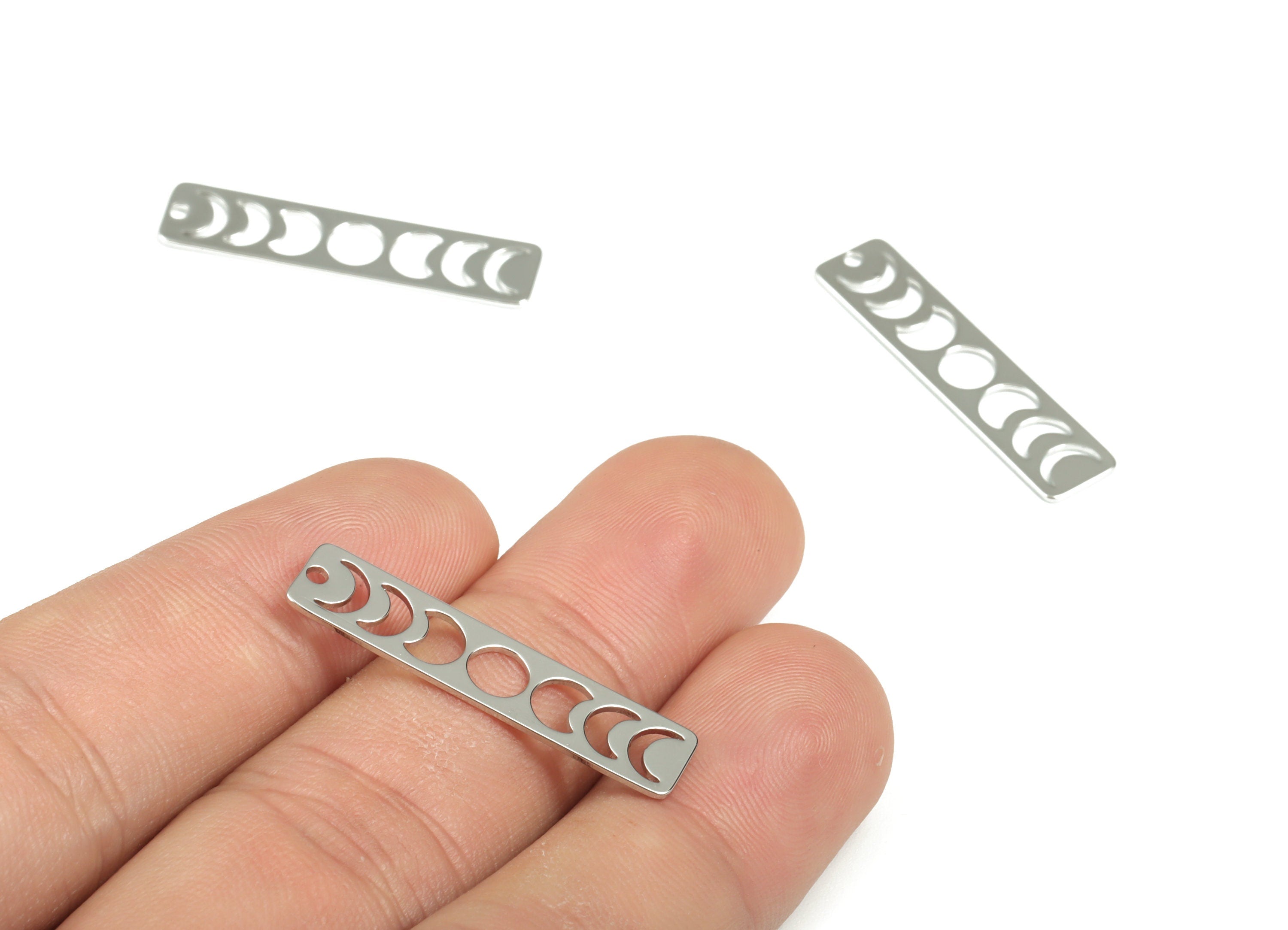 Brass Moon Phase Bar Earring Charms - 18K Real White Gold Plated - Brass Rectangle Pendant - Jewelry Supplies - 30.07x7.01x0.65mm - RGP2963S - DOMEDBAZAAR