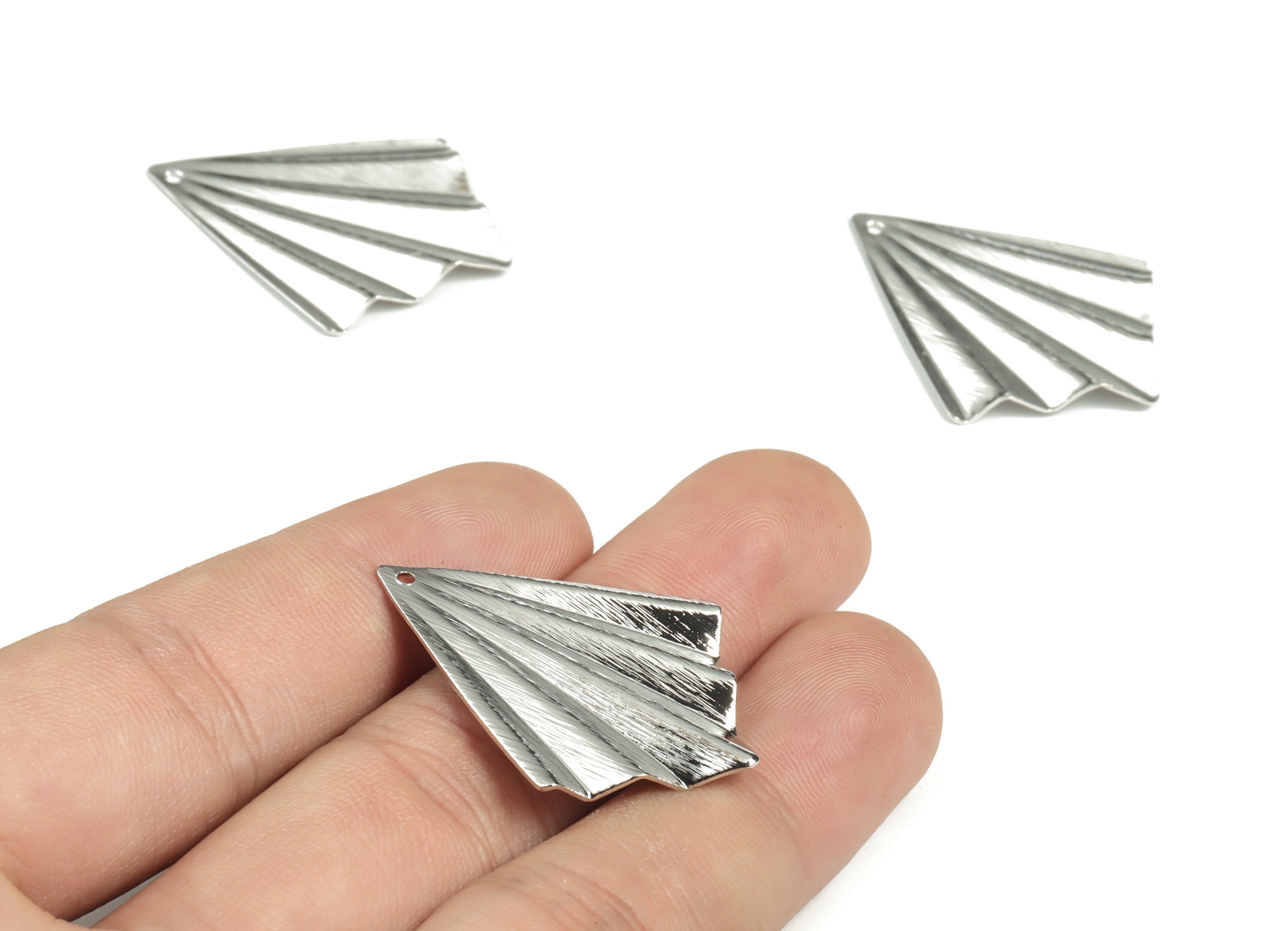 Brass Textured Fan Earring Charms - 18K Real White Gold Plated - Brass Fan Pendant - Jewelry Making Supplies - 35.03x27.3x2.37mm - RGP2961S - DOMEDBAZAAR