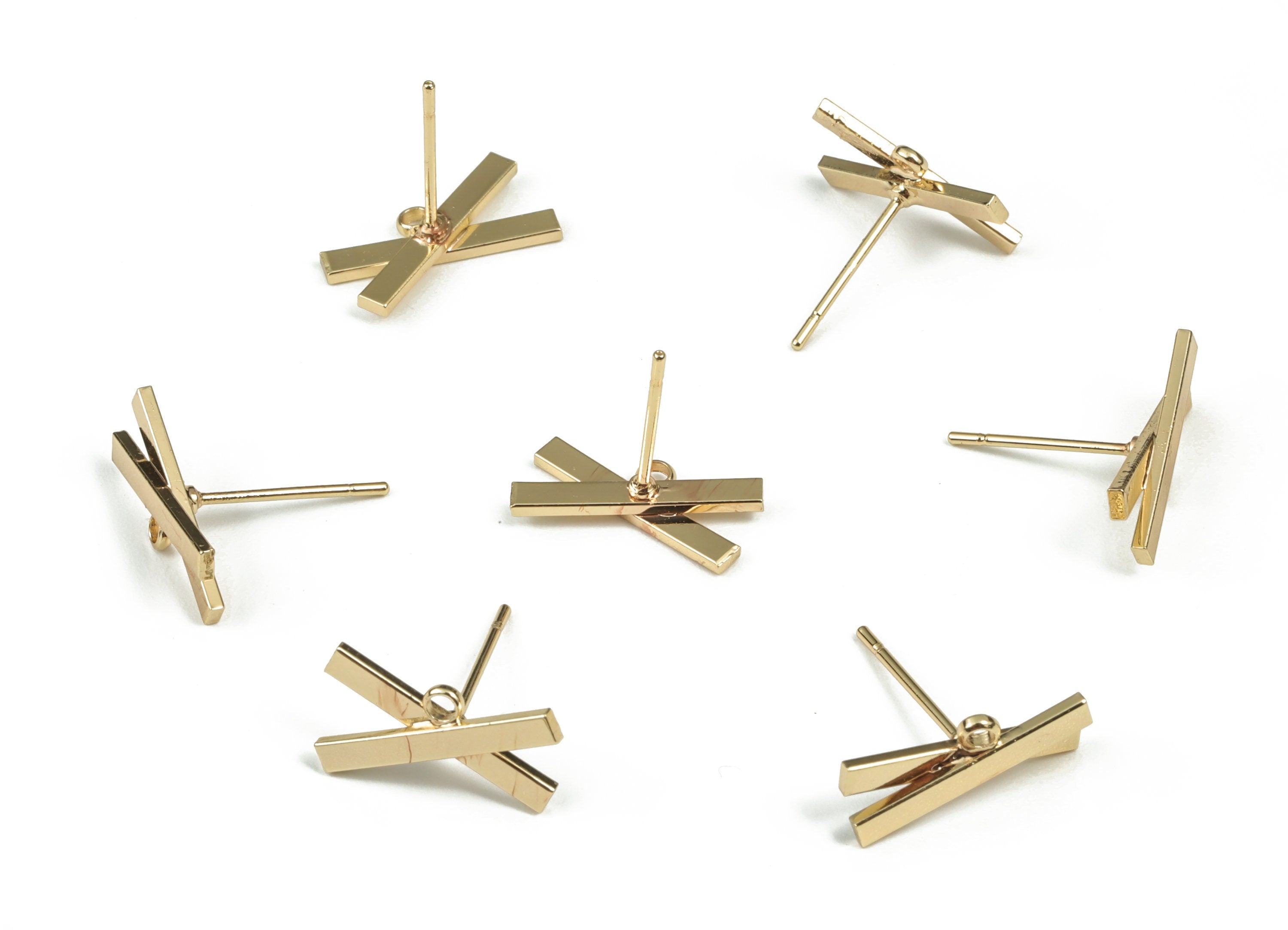 Brass X Earring Stud - Gold Beads Post - 18K Real Gold Plated Brass – 316 Surgical Stainless Steel Stud - 14.84x9.59x2.04mm - RGP2931 - DOMEDBAZAAR