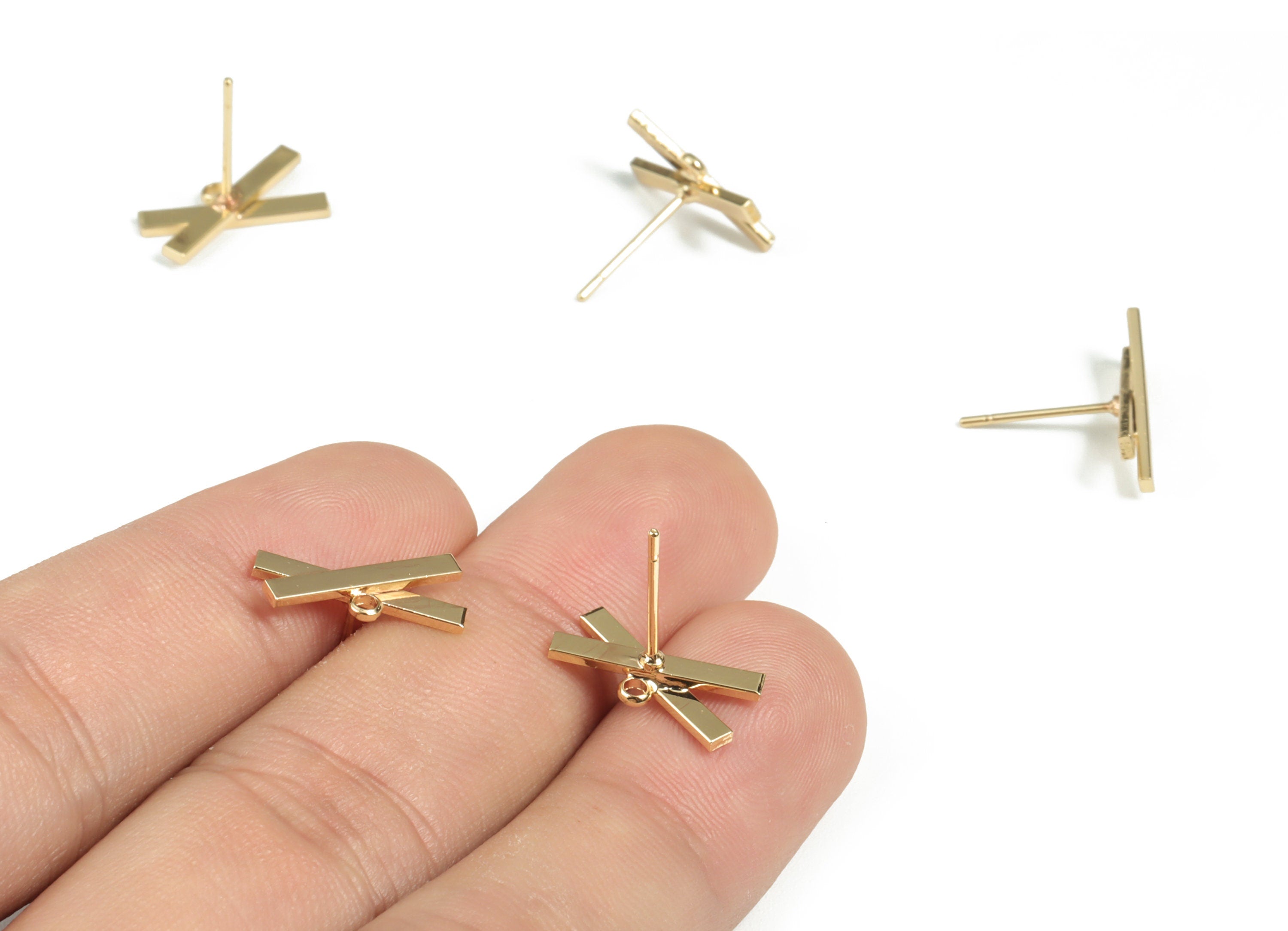 Brass X Earring Stud - Gold Beads Post - 18K Real Gold Plated Brass – 316 Surgical Stainless Steel Stud - 14.84x9.59x2.04mm - RGP2931 - DOMEDBAZAAR